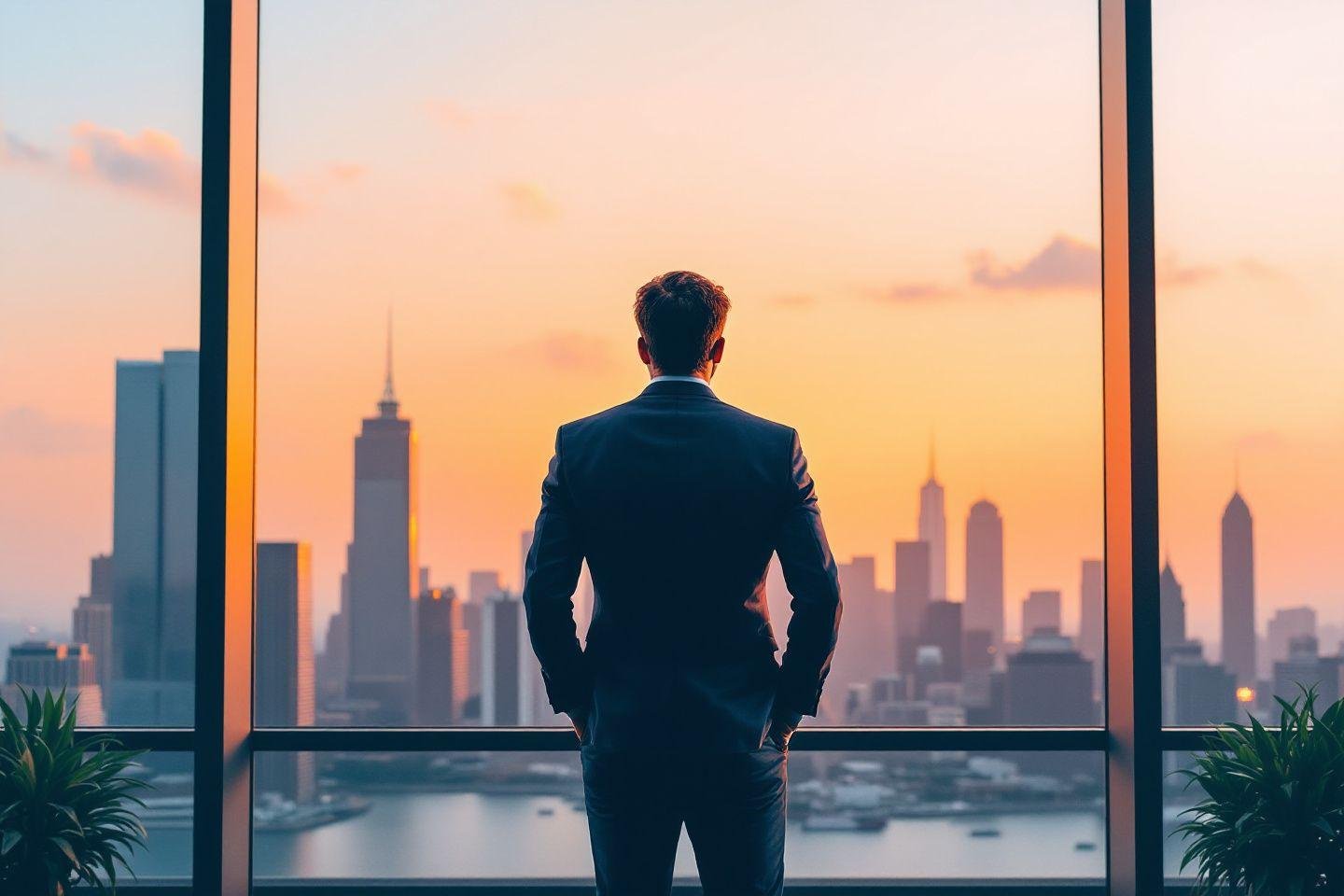 Homme d'affaires contemplant le panorama de gratte-ciels au crépuscule