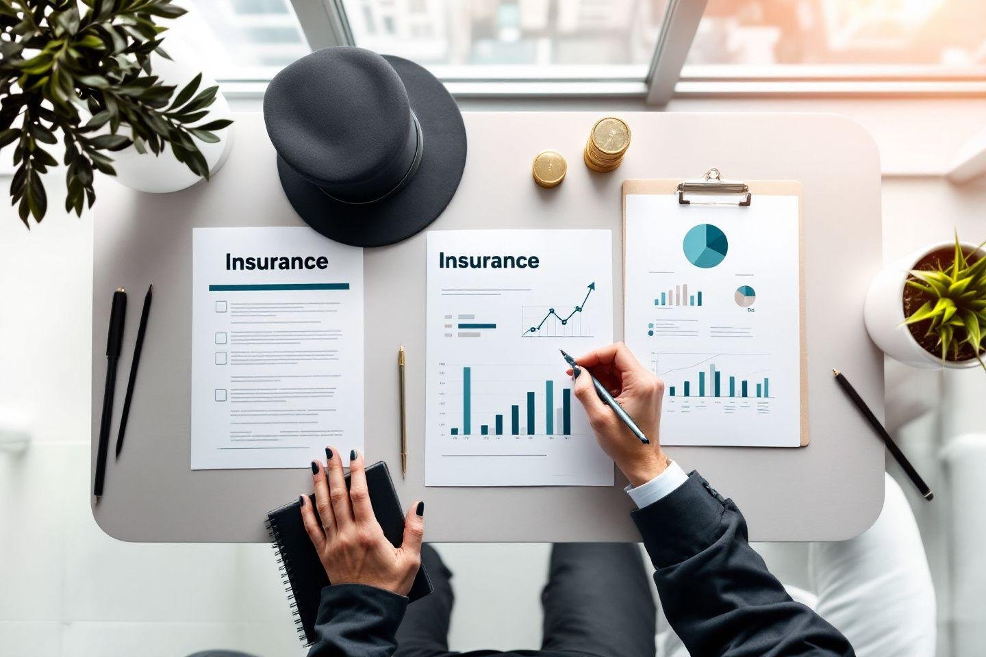 Bureau avec graphiques, documents d'assurance et main analysant des données