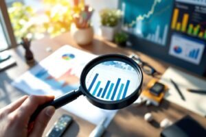 Loupe sur graphique avec tableaux de bord financiers en arrière-plan