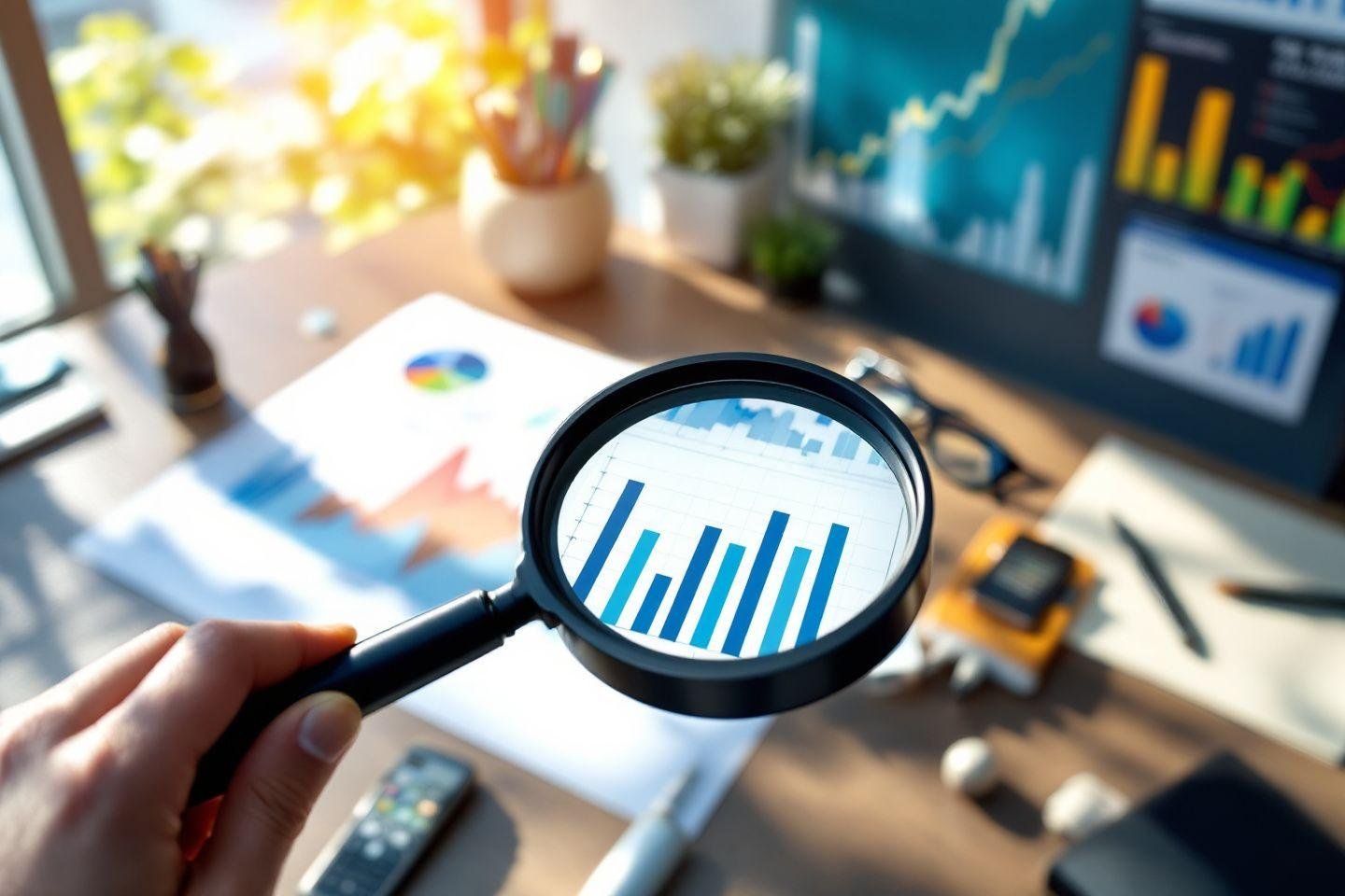 Loupe sur graphique avec tableaux de bord financiers en arrière-plan