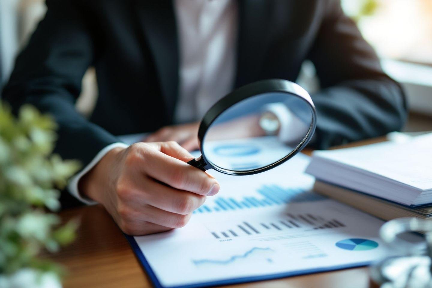 Main tenant une loupe sur des graphiques et documents d'entreprise