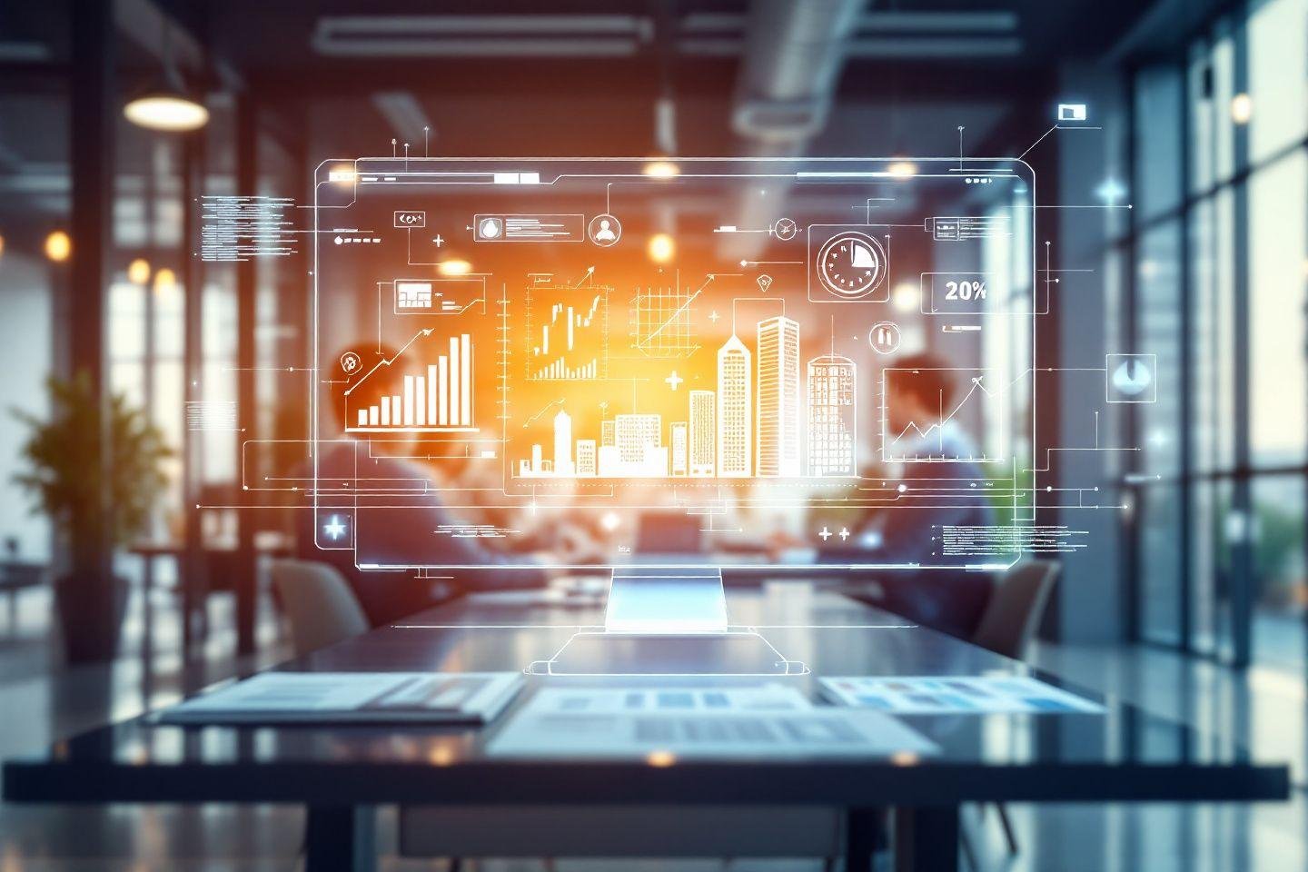 Écran holographique montrant des graphiques et des immeubles de bureaux