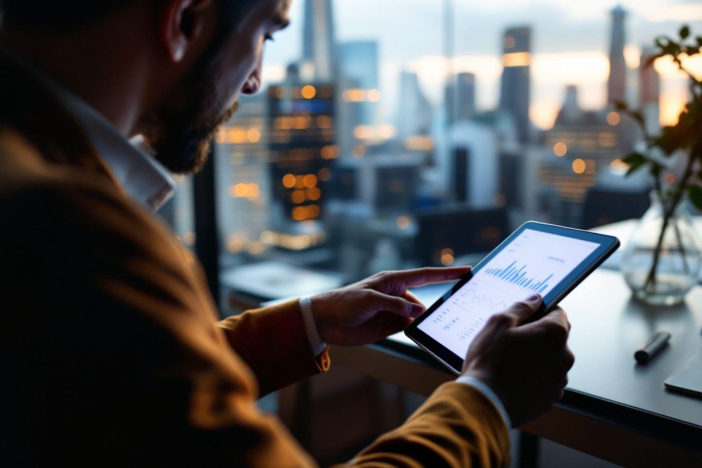 Tablette montrant des graphiques avec vue sur skyline urbaine