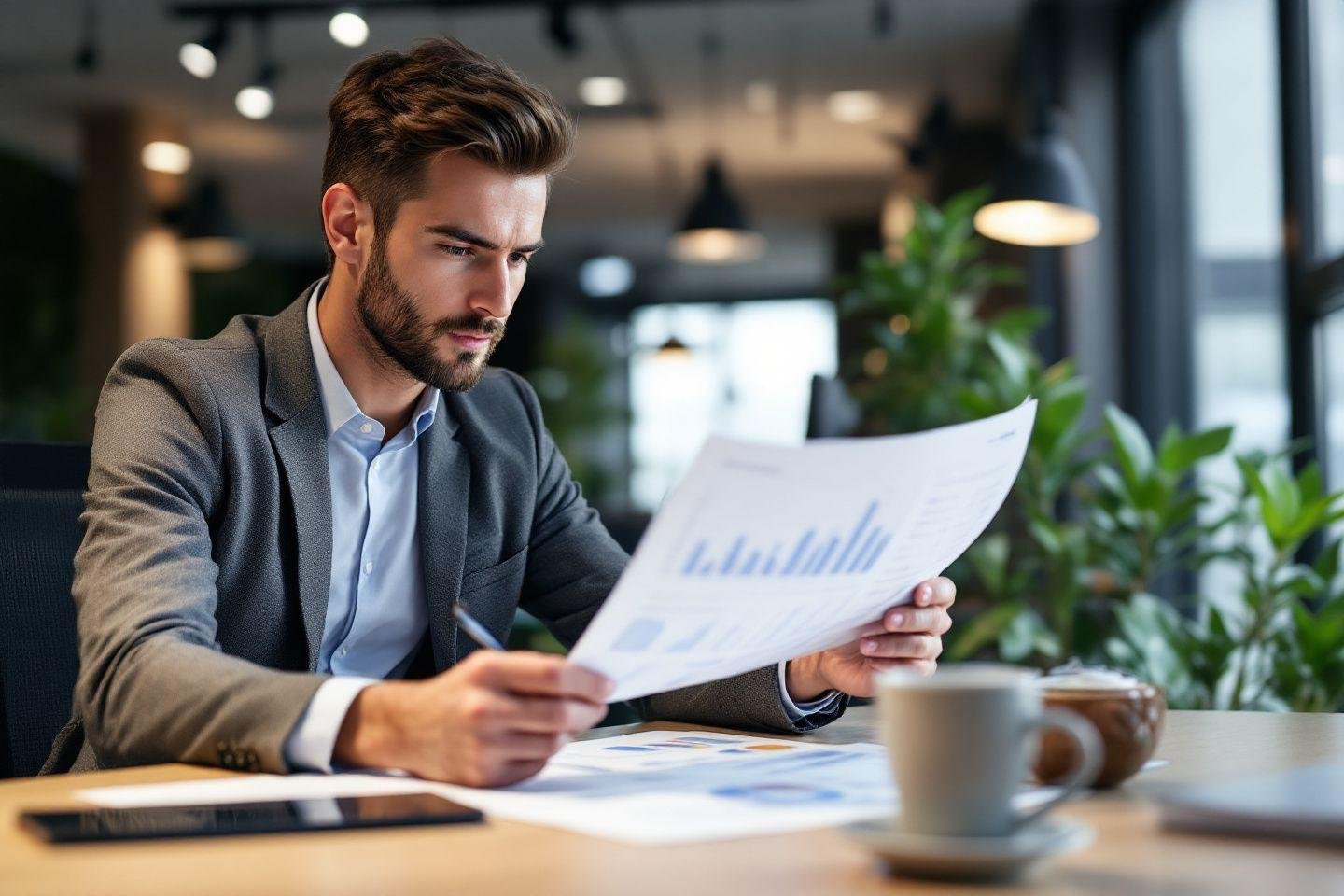 Homme d'affaires vérifiant des graphiques et documents dans un environnement moderne