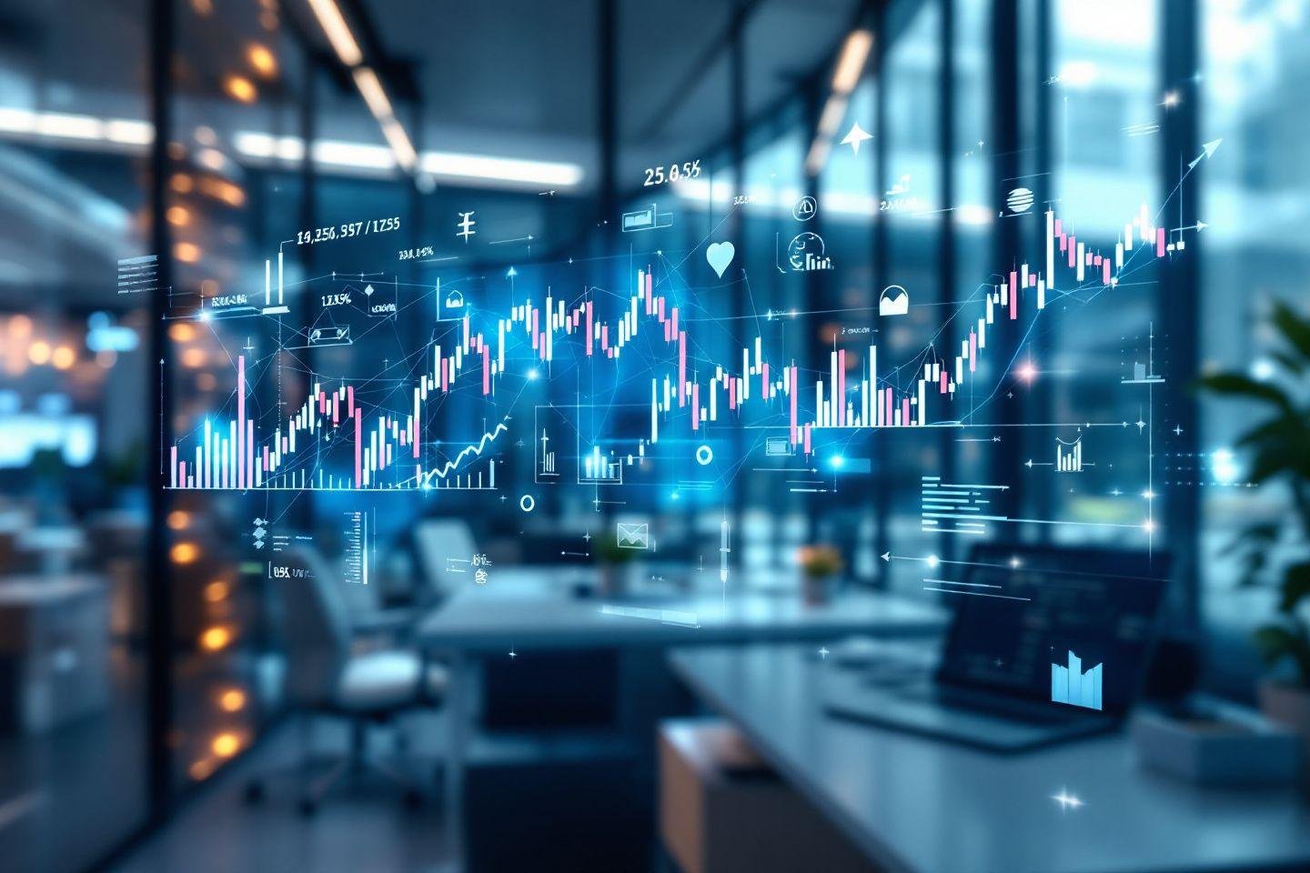 Graphiques boursiers interactifs sur fond de bureau technologique