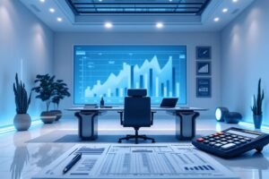 Espace de travail bleu avec graphiques, bureau et écran de données