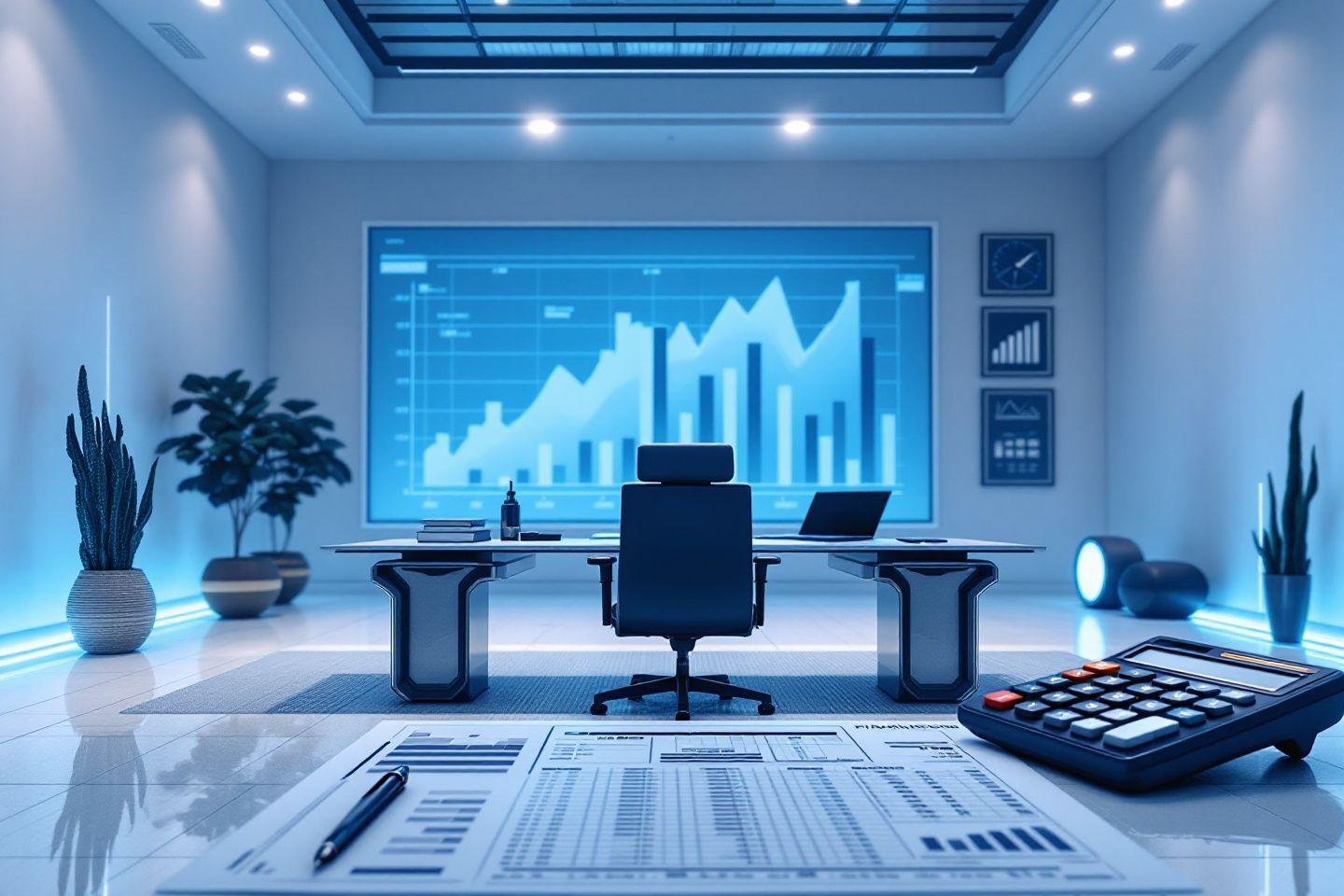 Espace de travail bleu avec graphiques, bureau et écran de données