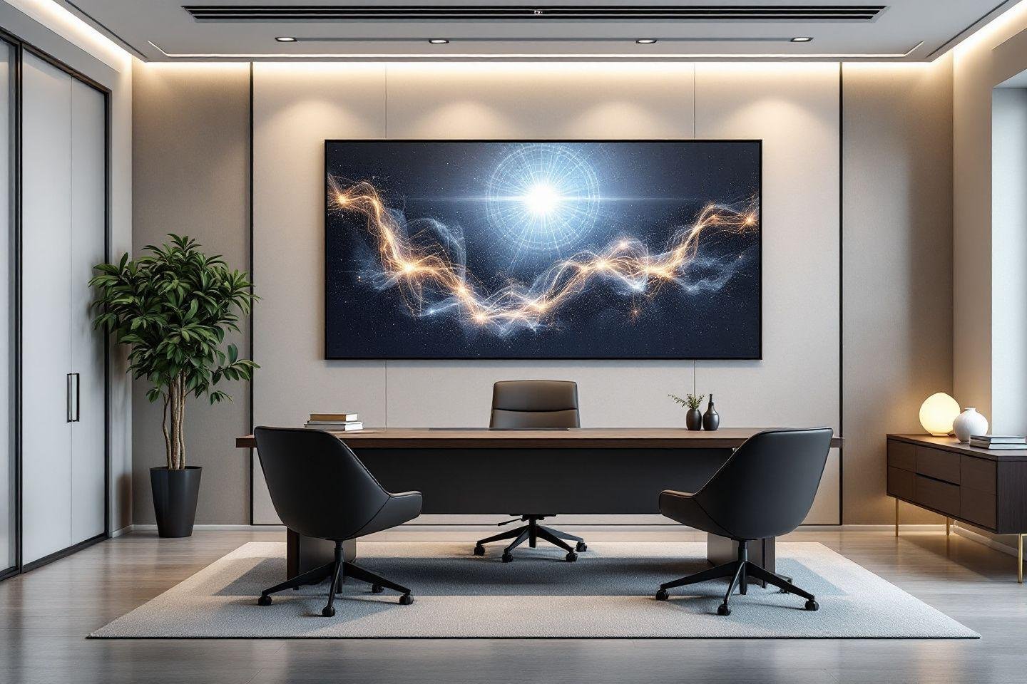 Espace de travail élégant avec tableau abstrait et lumineux