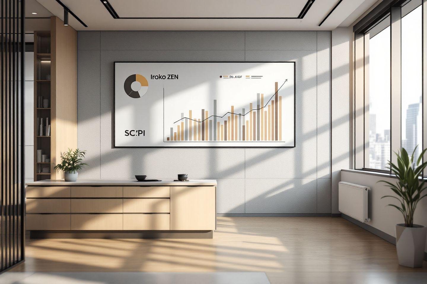 Intérieur lumineux avec tableau de bord financier et plantes vertes