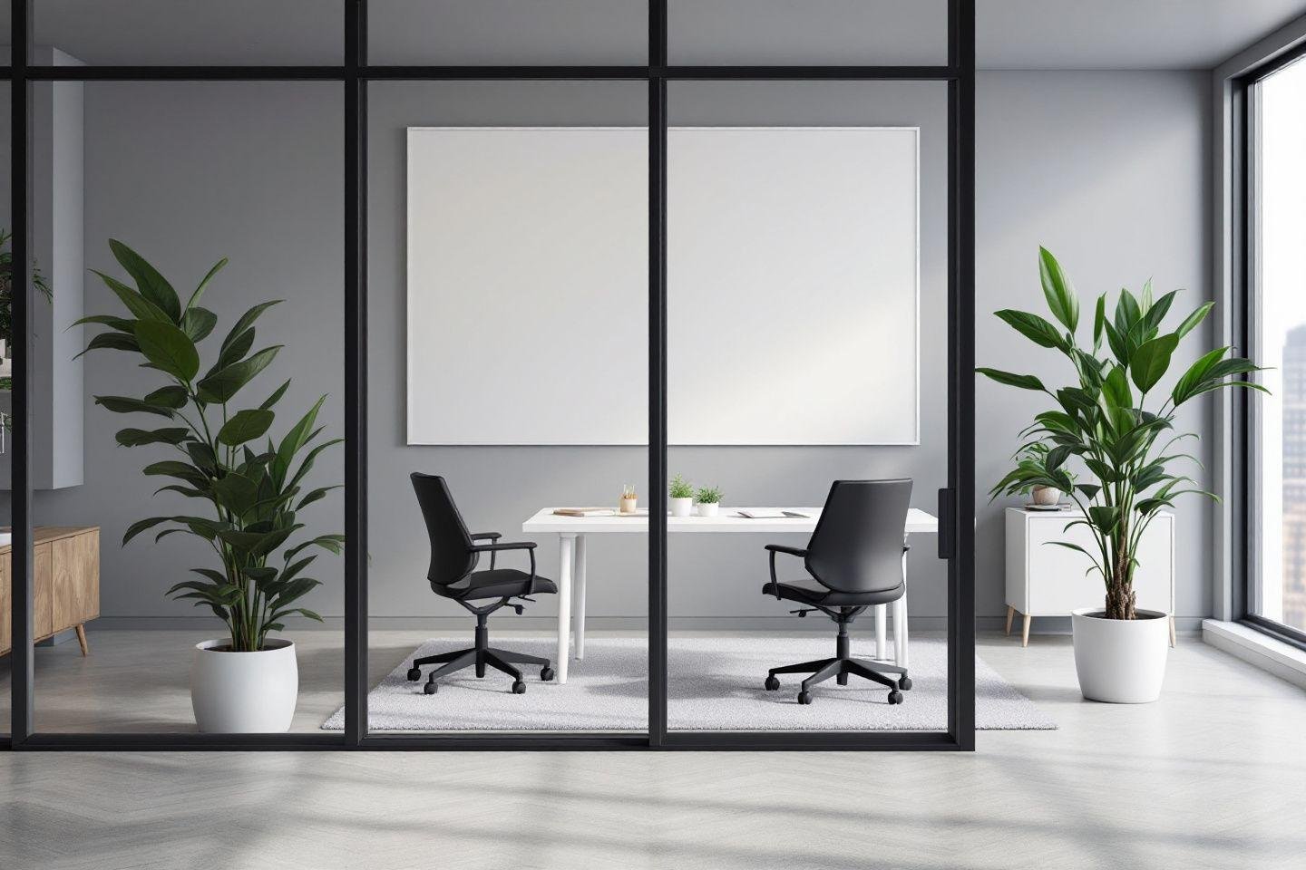Espace de travail minimaliste avec chaises noires et grandes plantes vertes