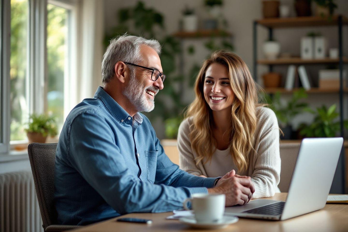 Homme senior et jeune femme travaillant ensemble avec un ordinateur portable