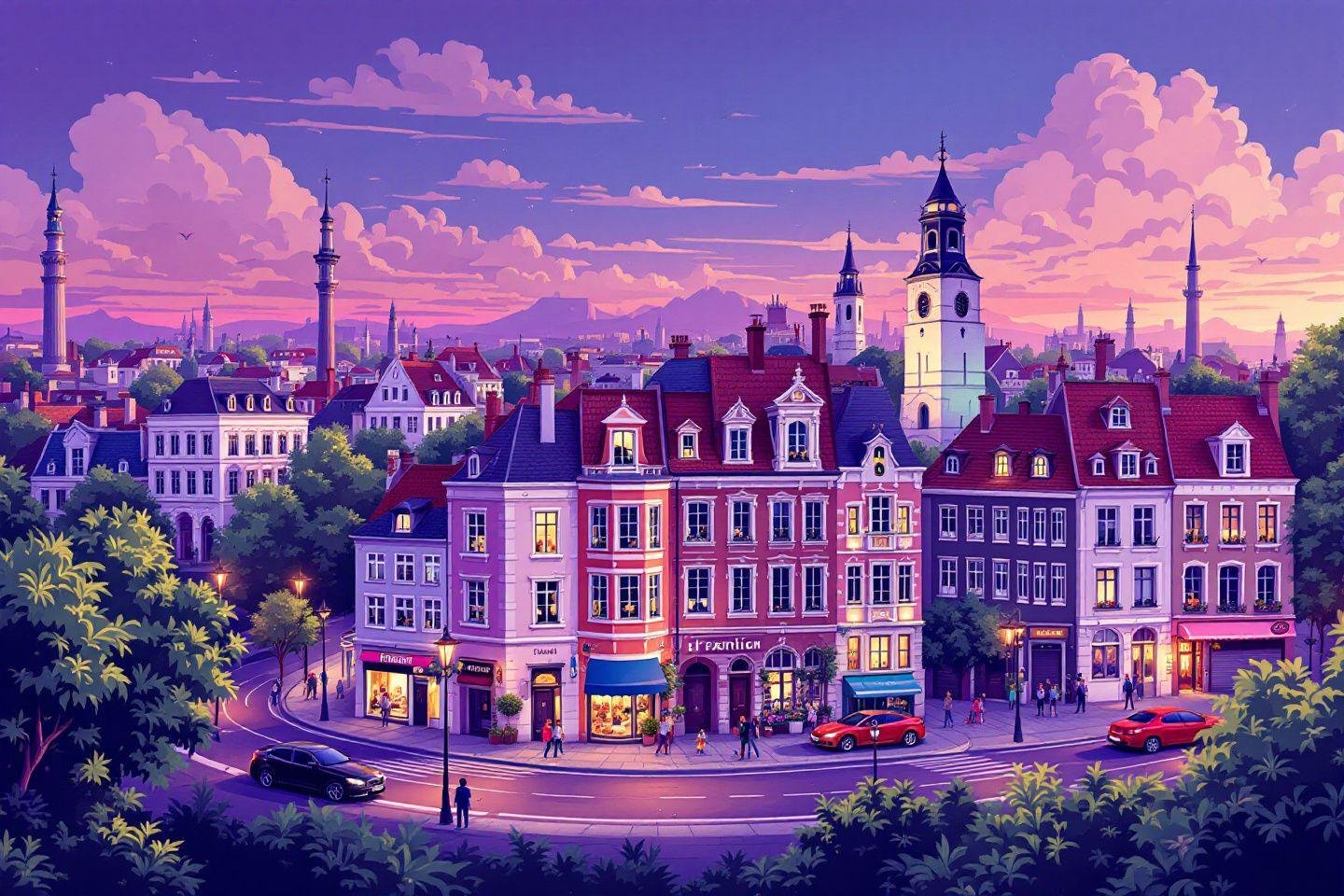 Vue panoramique d'une ville européenne au coucher du soleil