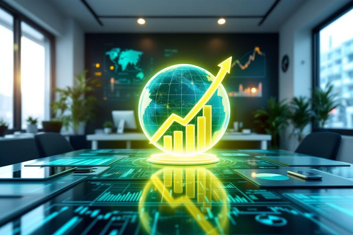 Graphique de croissance holographique sur globe terrestre dans un bureau high-tech