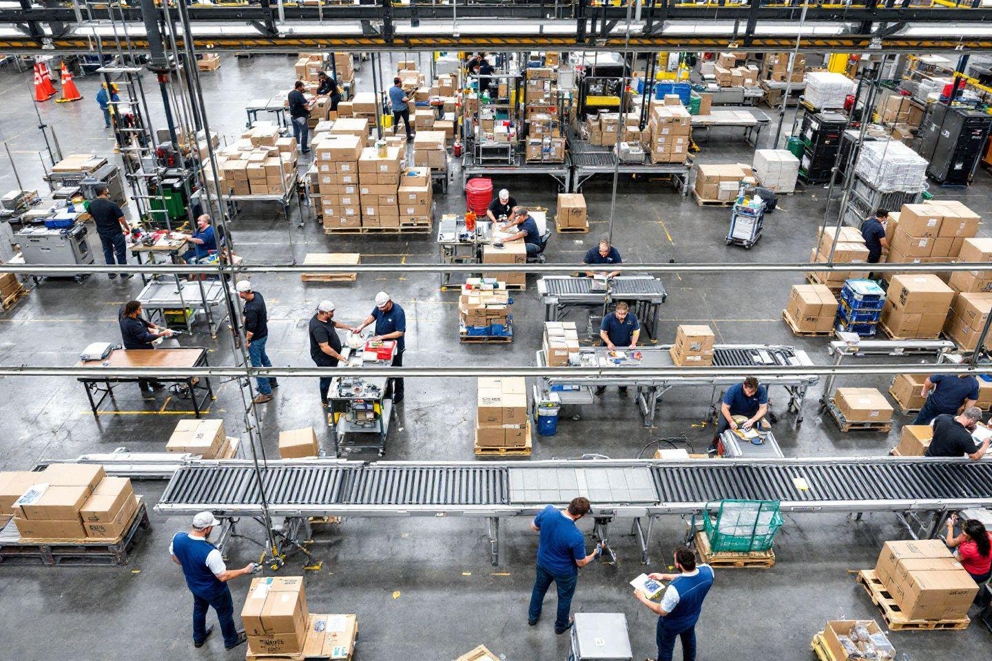Vue aérienne d'un entrepôt avec employés travaillant sur des convoyeurs