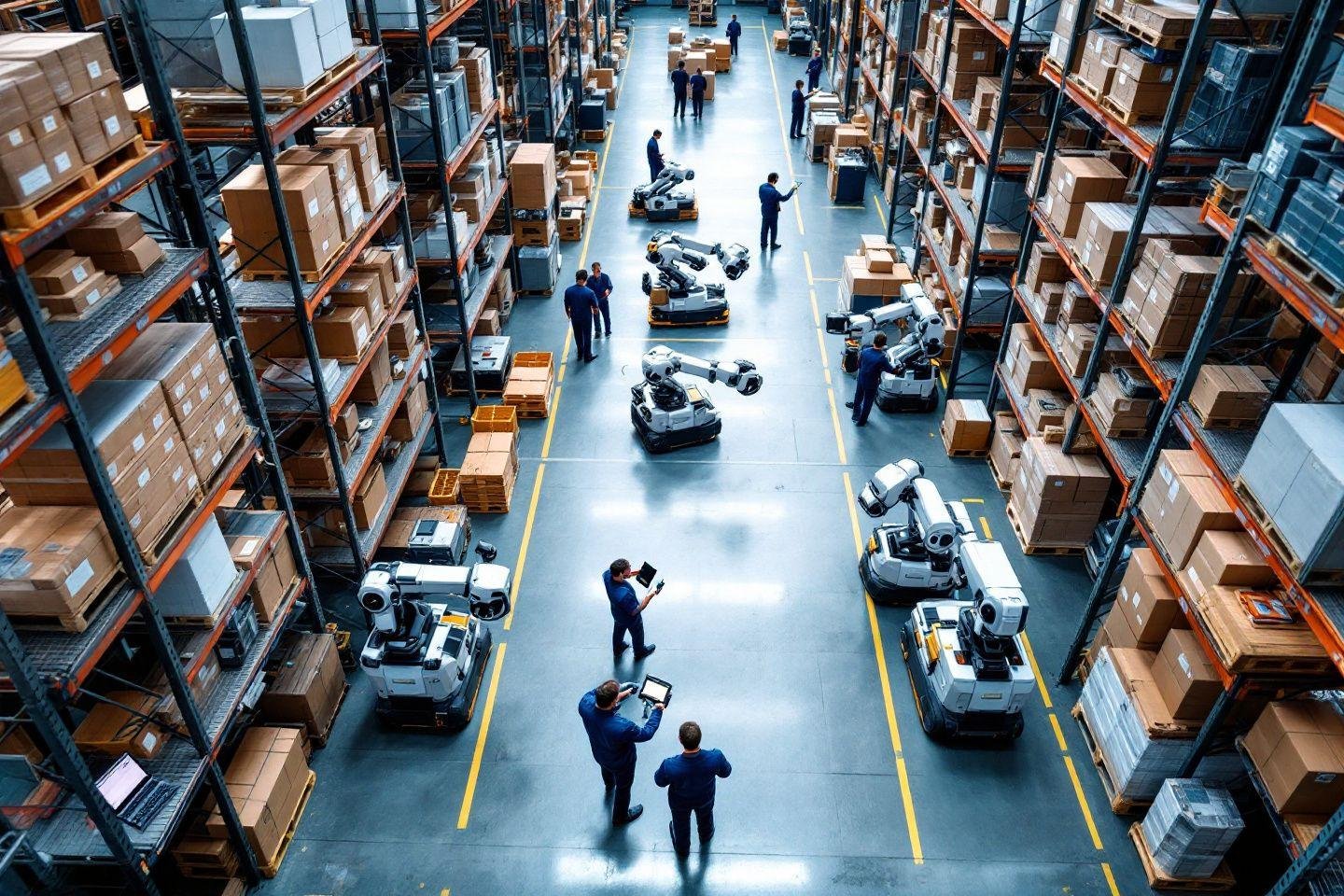 Robots autonomes et employés travaillant dans un grand entrepôt logistique
