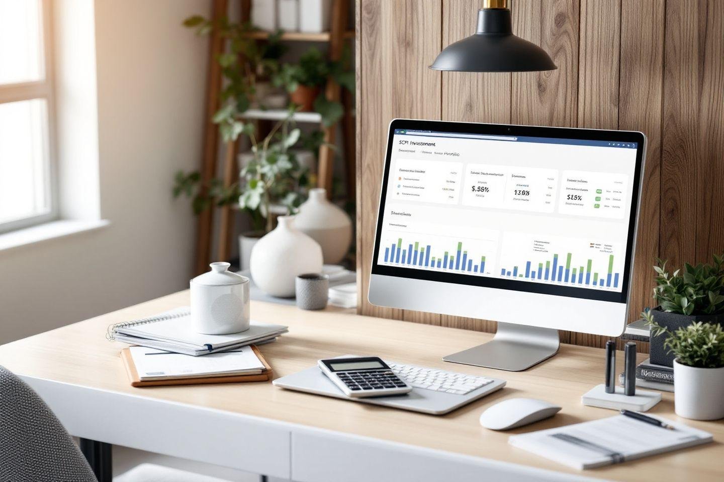 Bureau avec ordinateur, graphiques d'investissement et accessoires minimalistes