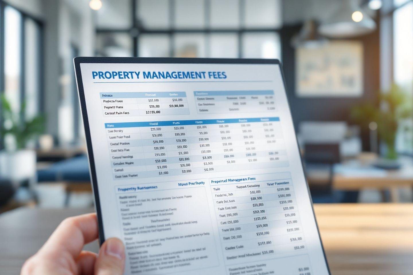 Tablette affichant un tableau détaillé des coûts de gestion immobilière