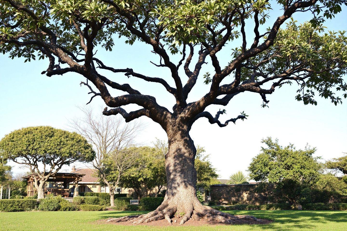 Arbre imposant aux branches étendues sur pelouse verdoyante