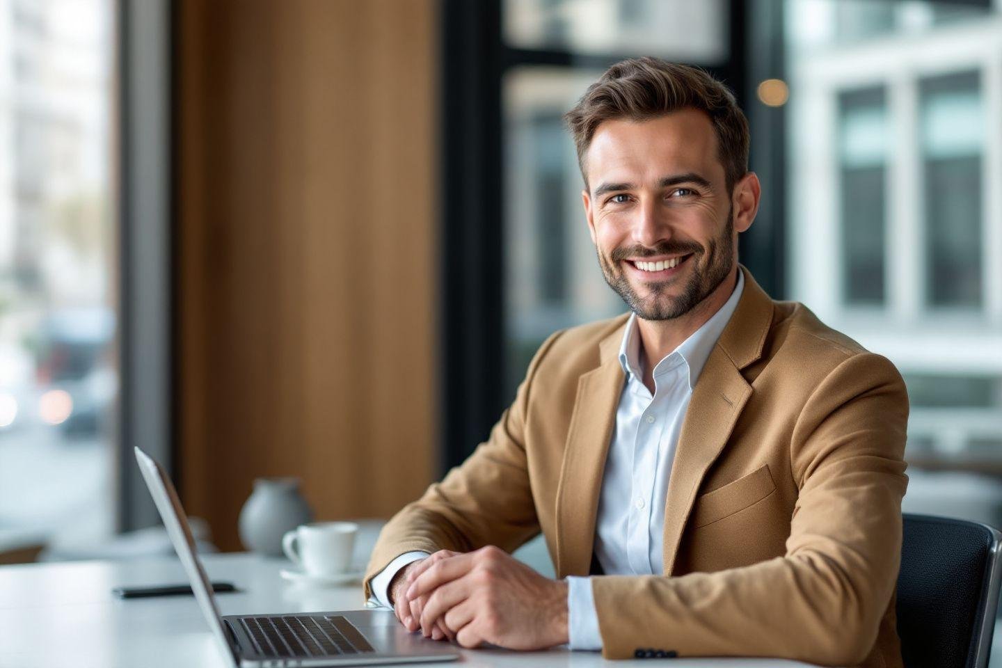 Professionnel souriant en blazer beige travaillant sur ordinateur portable