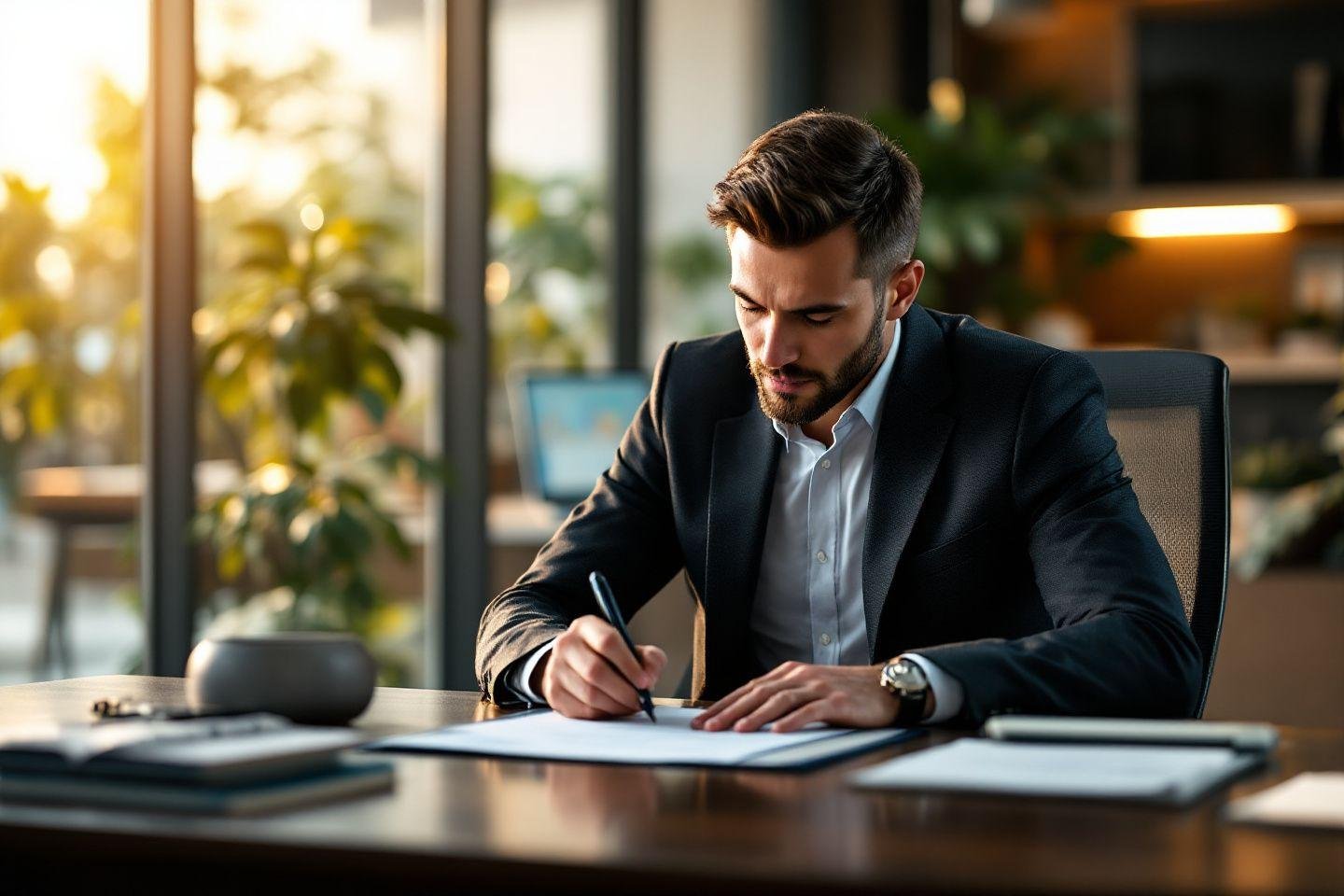 Professionnel en costume écrivant à son bureau avec des plantes