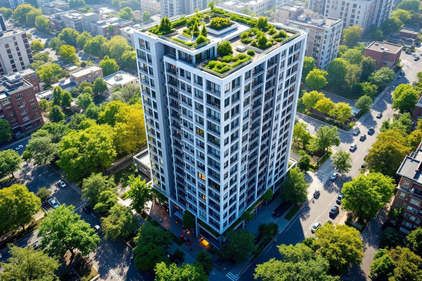 Gratte-ciel blanc avec toits verts entouré d'arbres et de rues