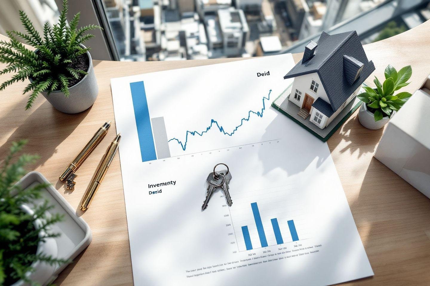 Graphique de croissance immobilière avec maison miniature et clés