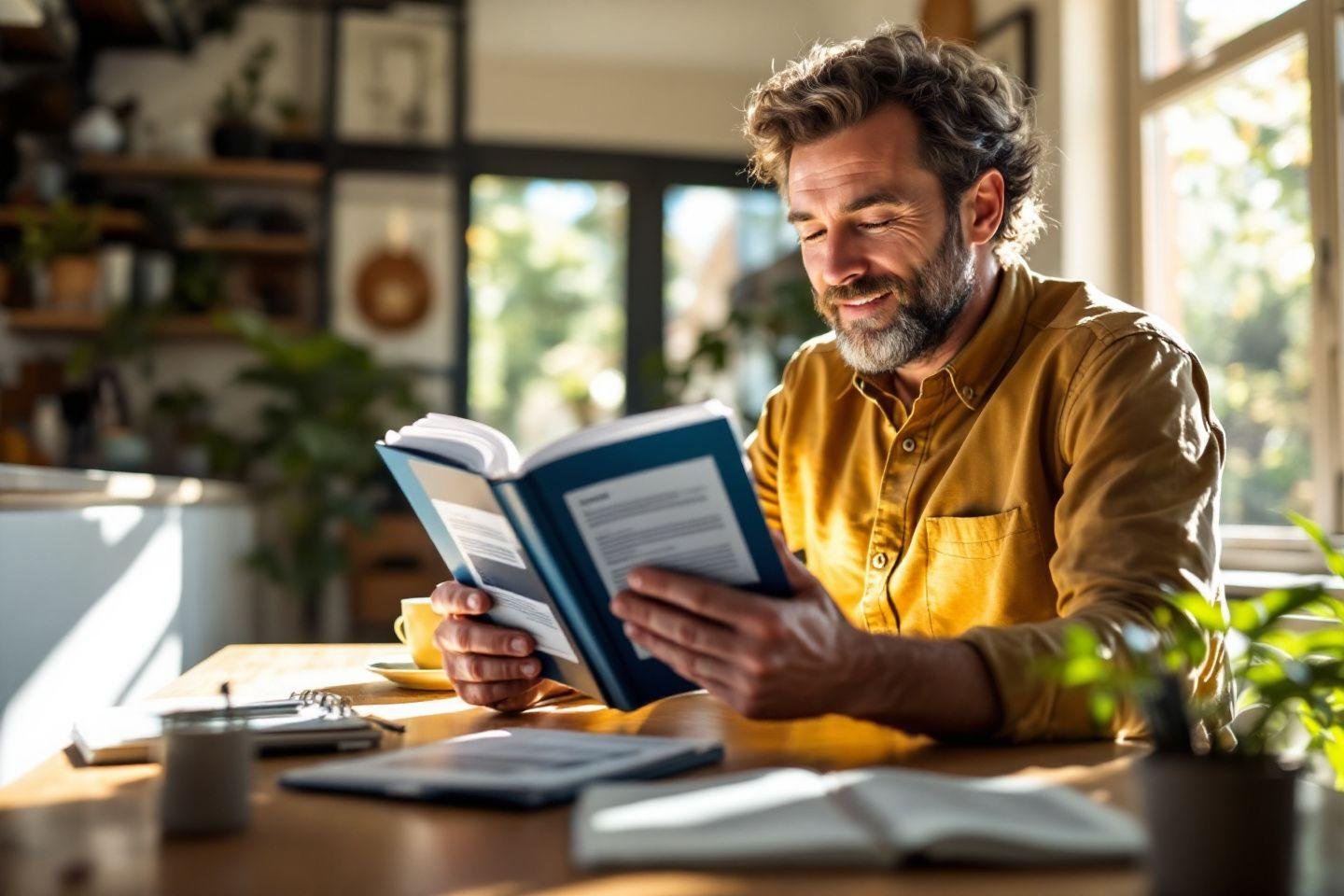 Homme lisant un livre dans un intérieur lumineux et verdoyant