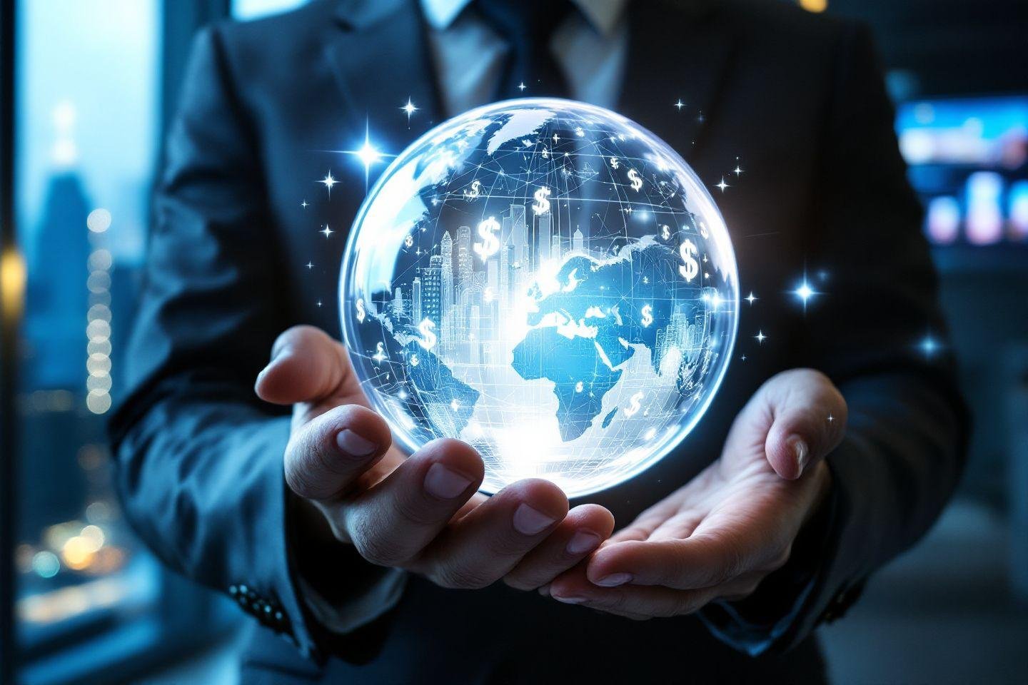 Mains tenant un globe terrestre lumineux avec des symboles dollar