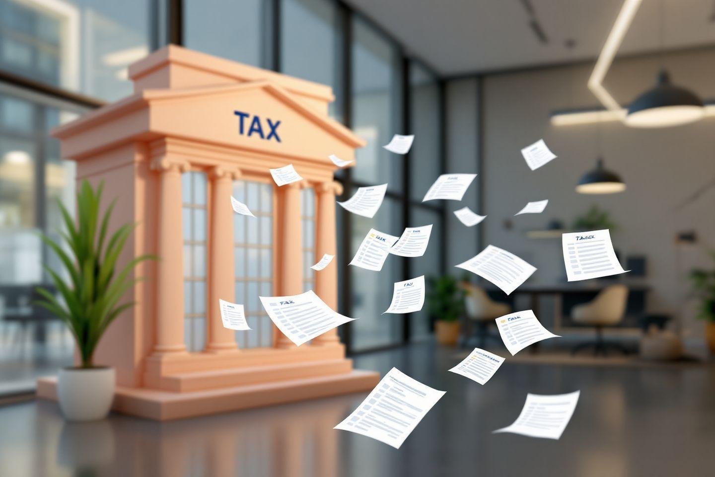 Bâtiment fiscal avec documents volants dans un bureau moderne
