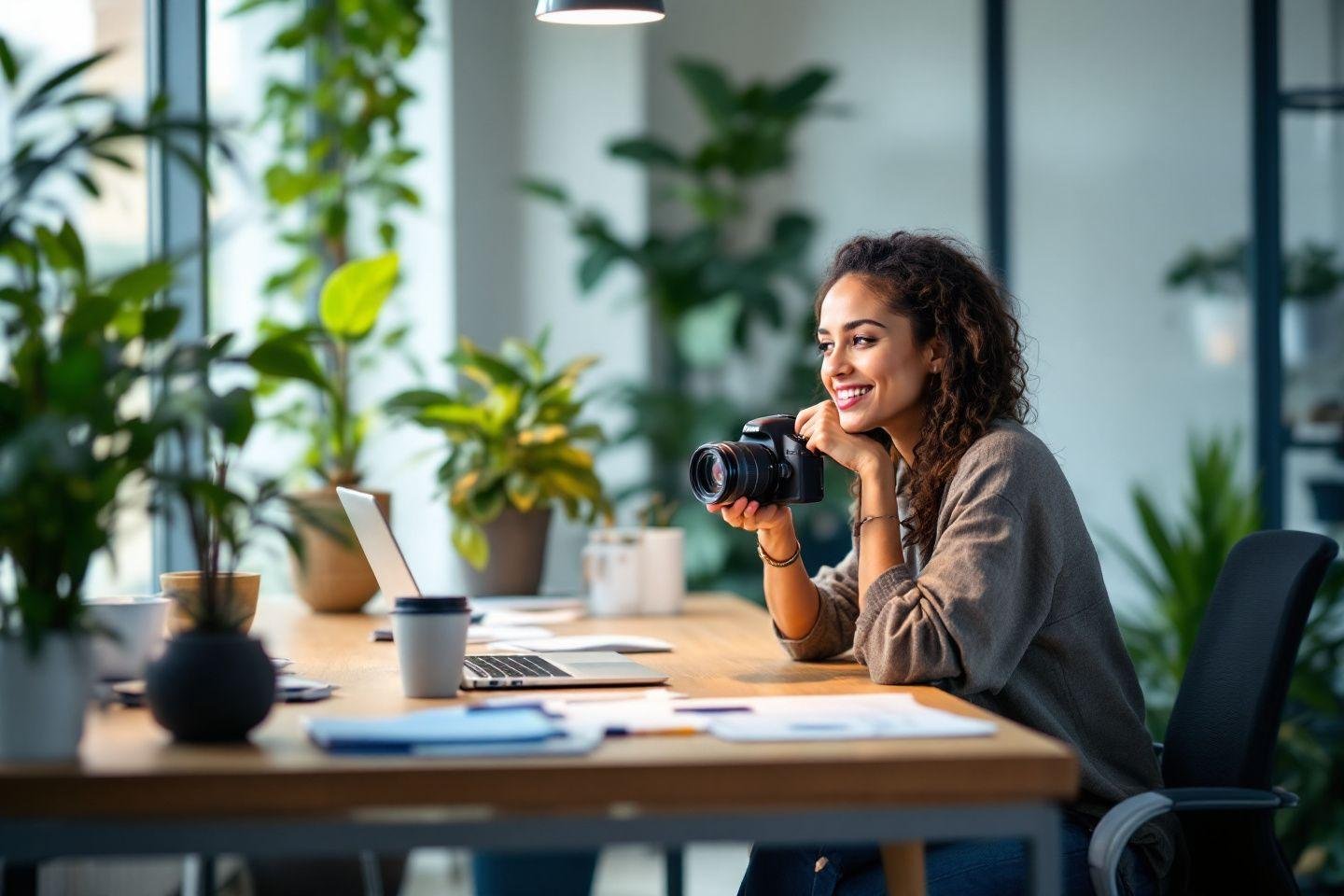 Femme souriante avec appareil photo près d'un ordinateur portable