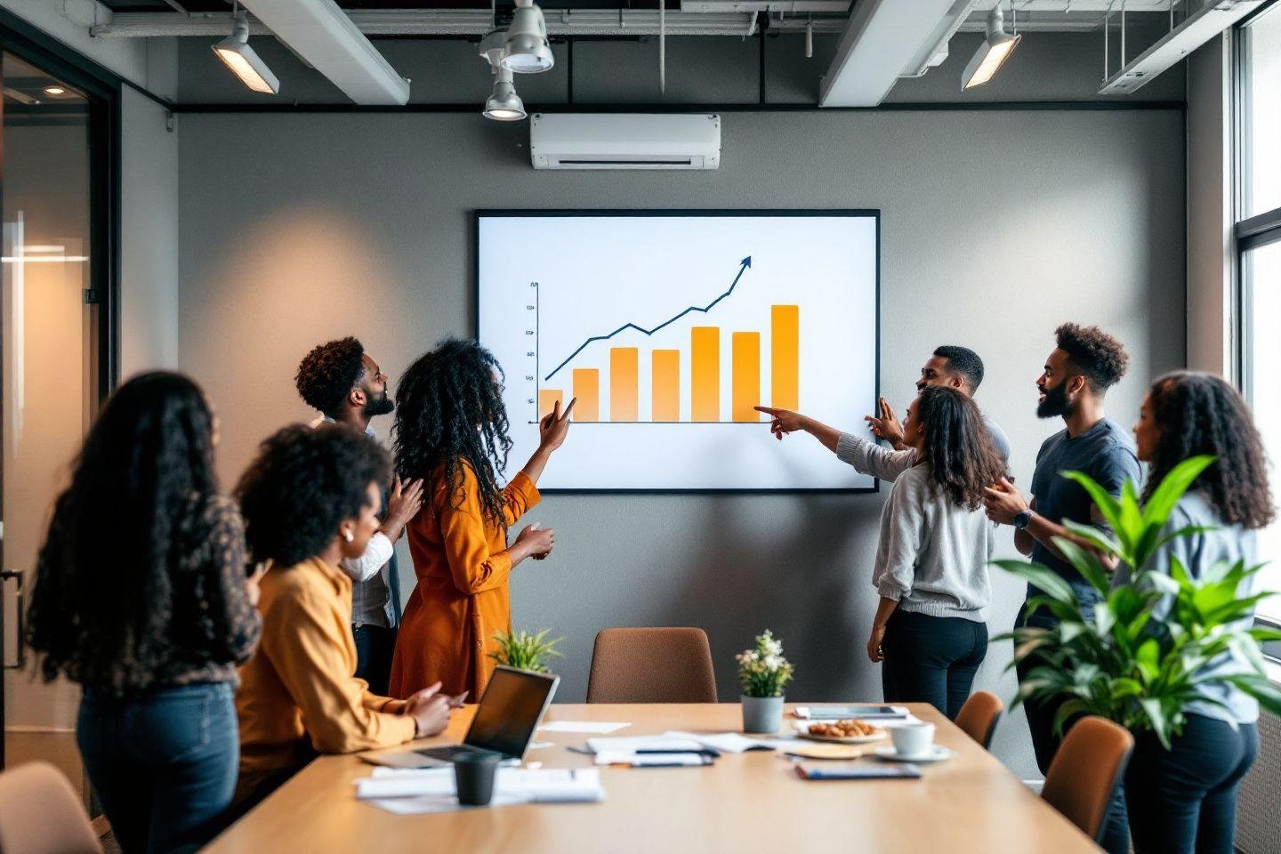 Équipe analysant un graphique de progression dans une salle de réunion