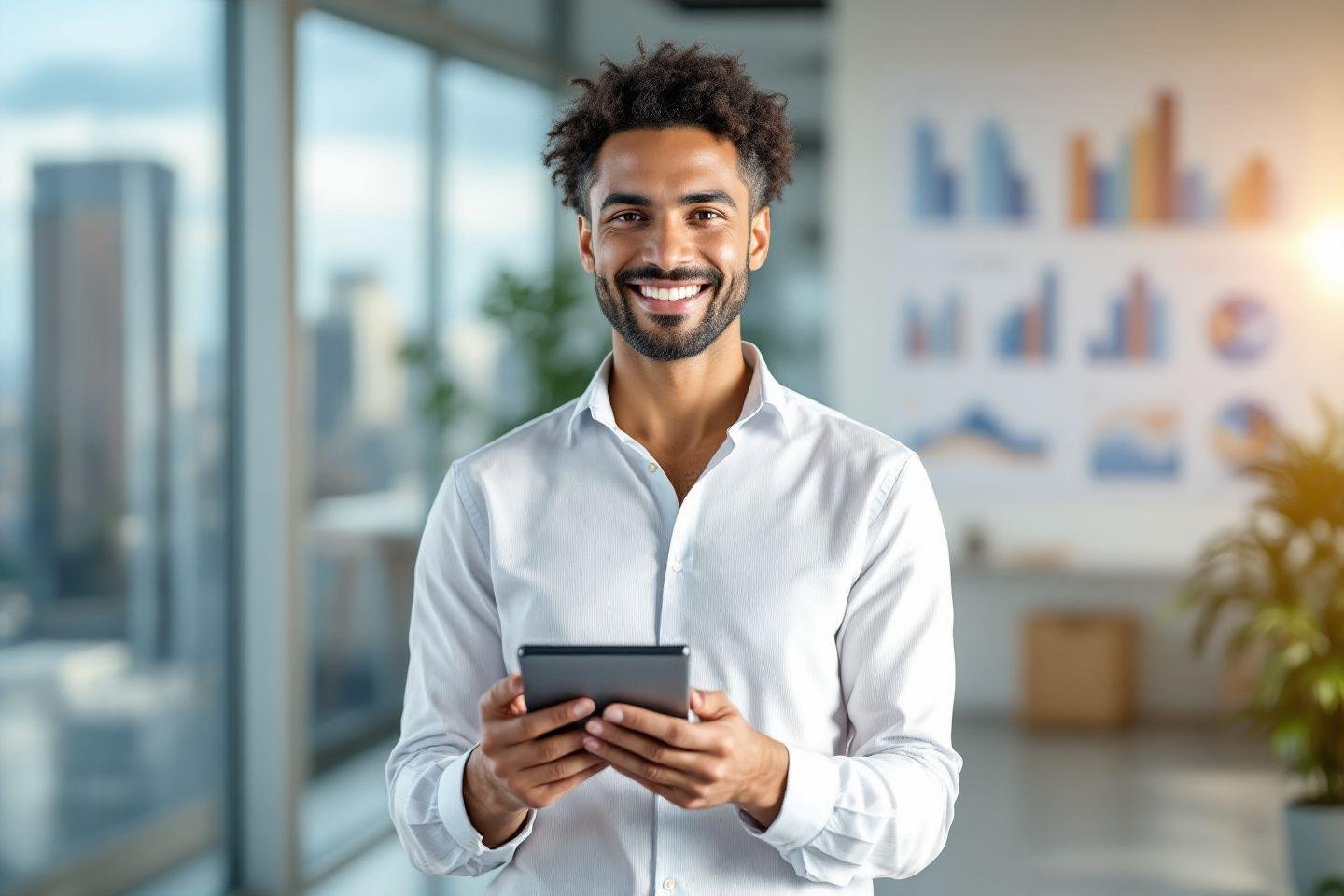 Jeune homme d'affaires tenant une tablette dans un bureau moderne