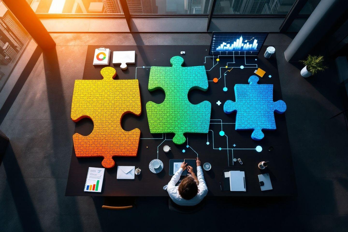 Pièces de puzzle colorées reliées par des connexions numériques