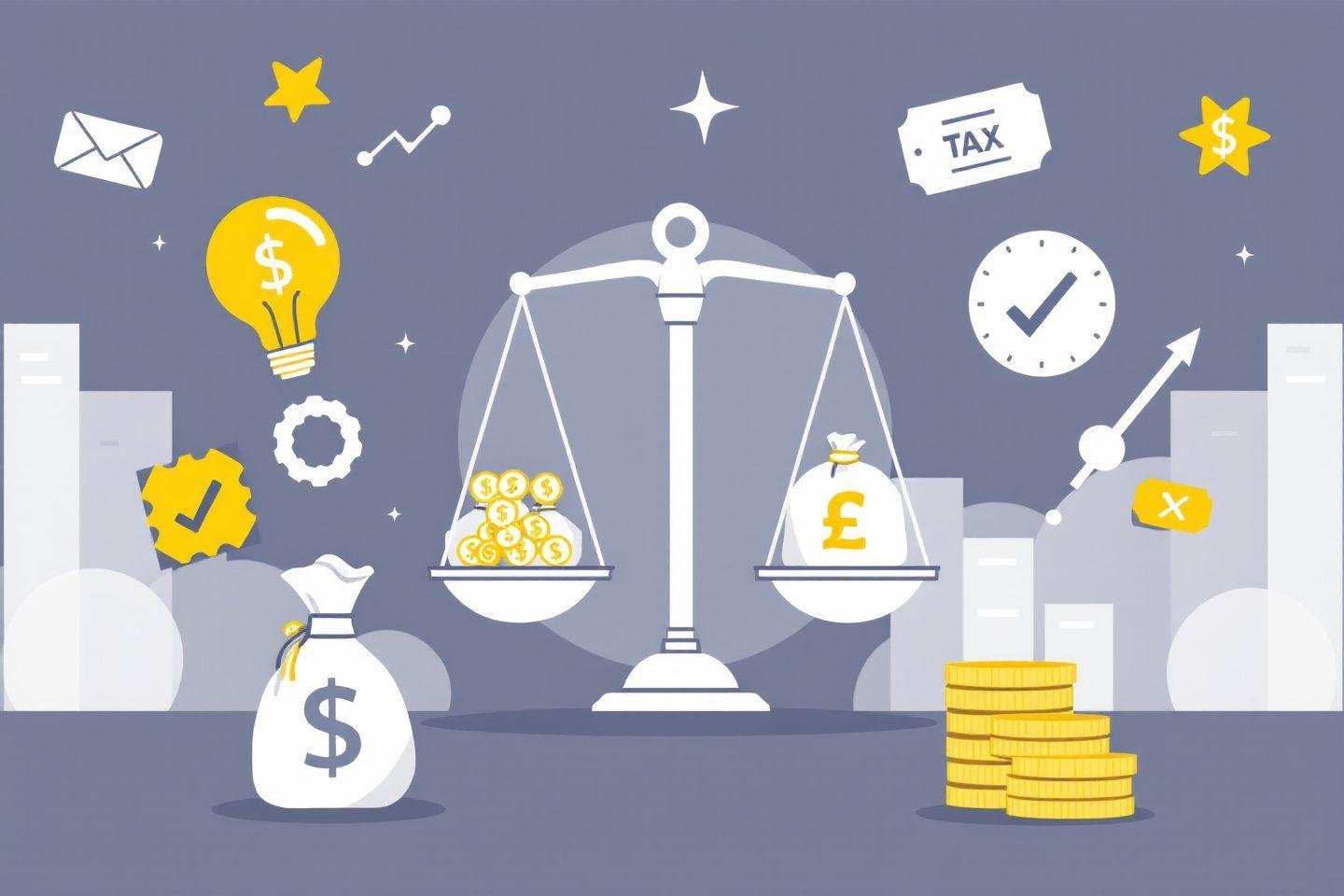 Balance avec pièces et symboles de gestion financière