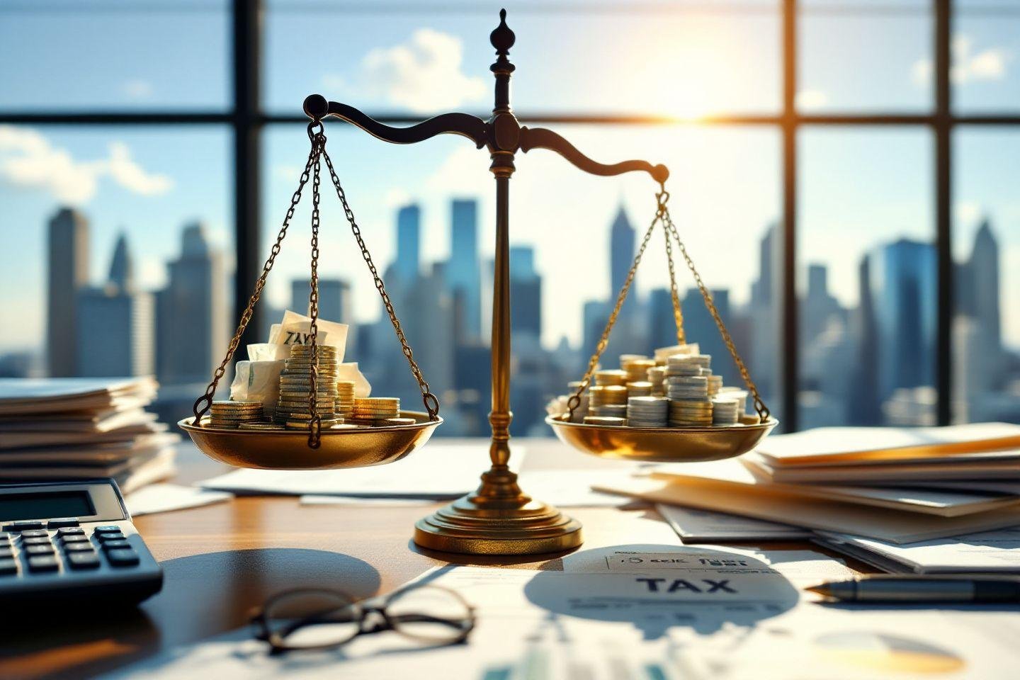 Balance avec pièces et documents fiscaux devant un horizon urbain