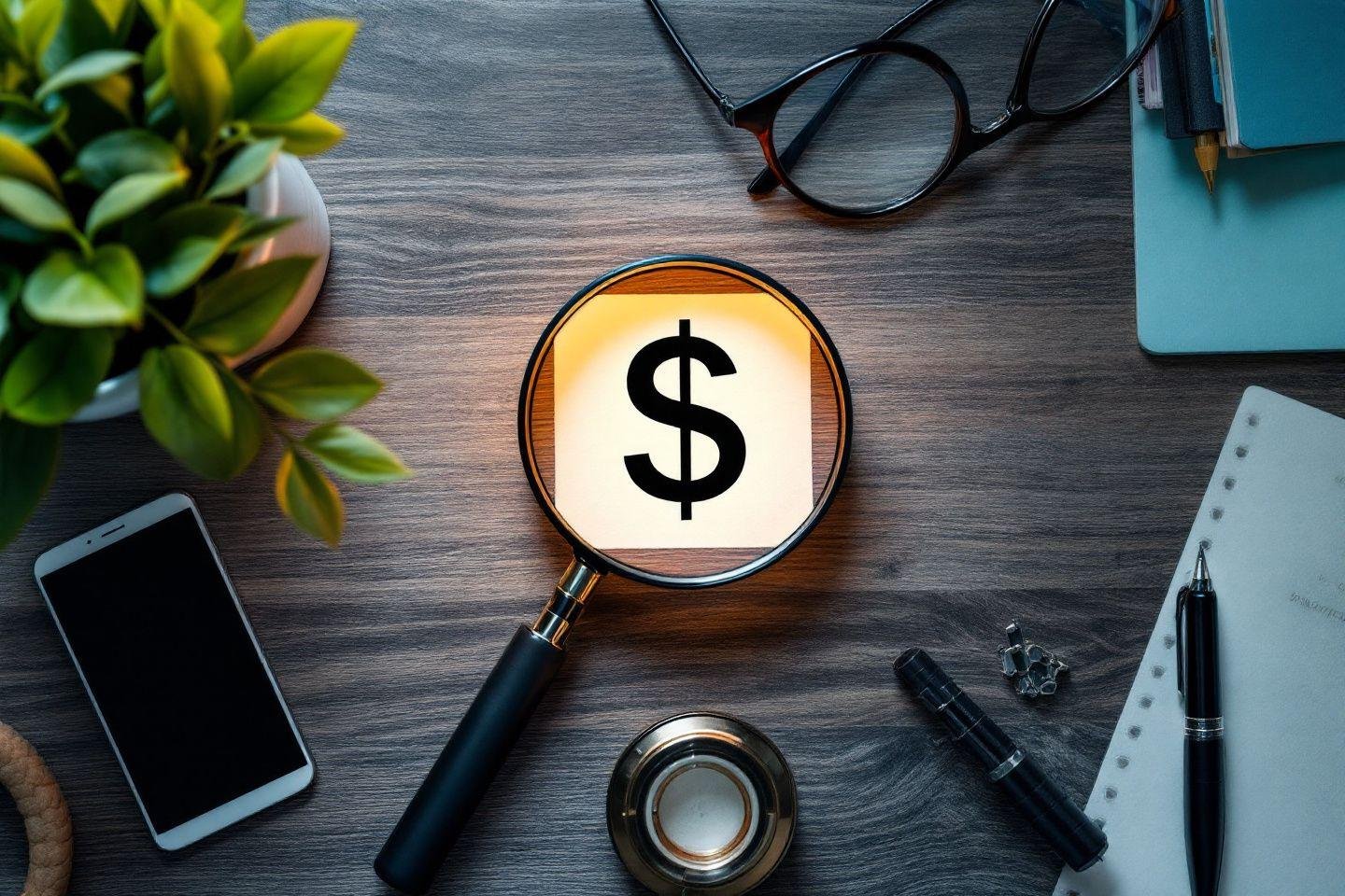 Loupe avec symbole dollar entourée d'objets de bureau