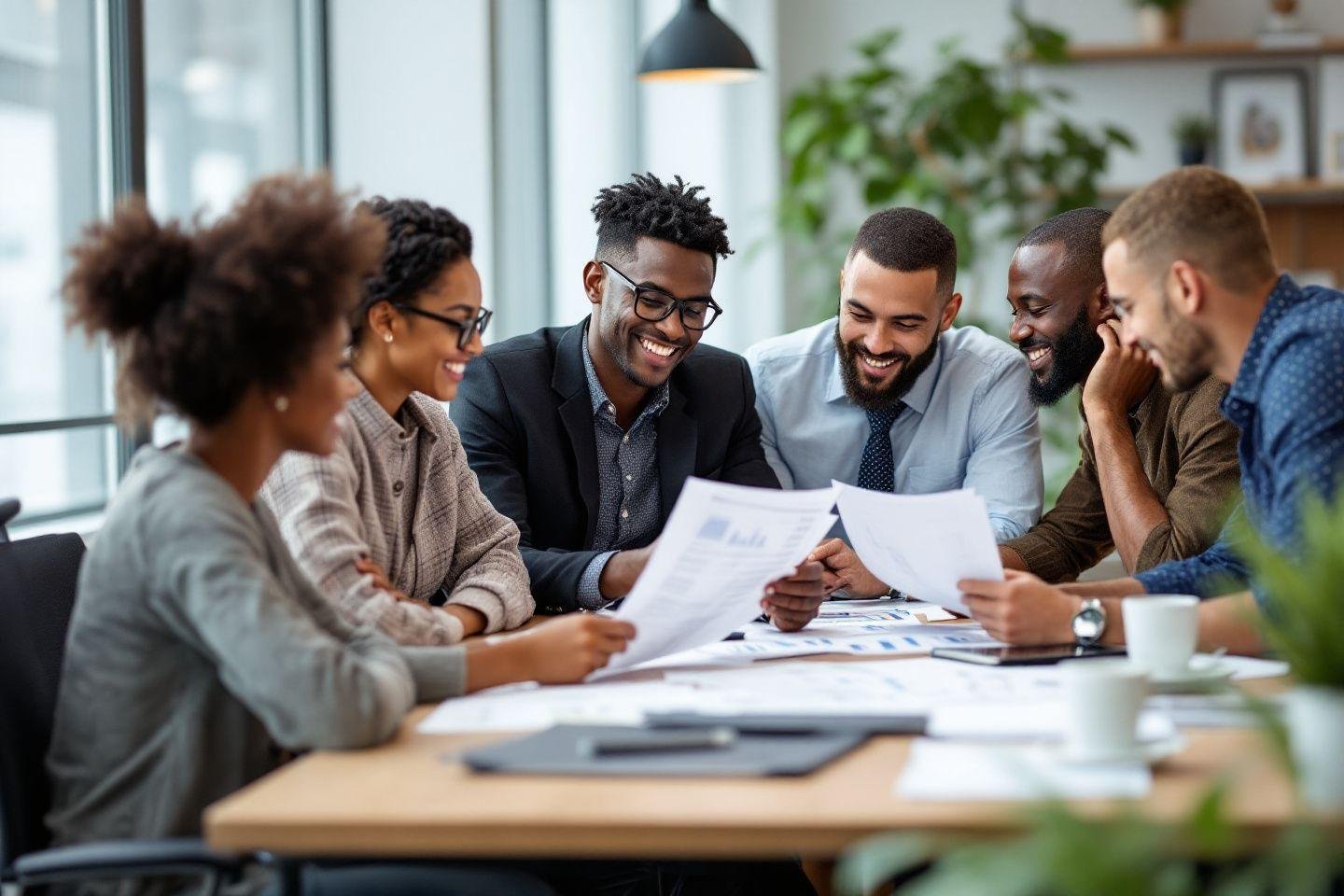 Groupe de professionnels souriants travaillant ensemble autour d'une table