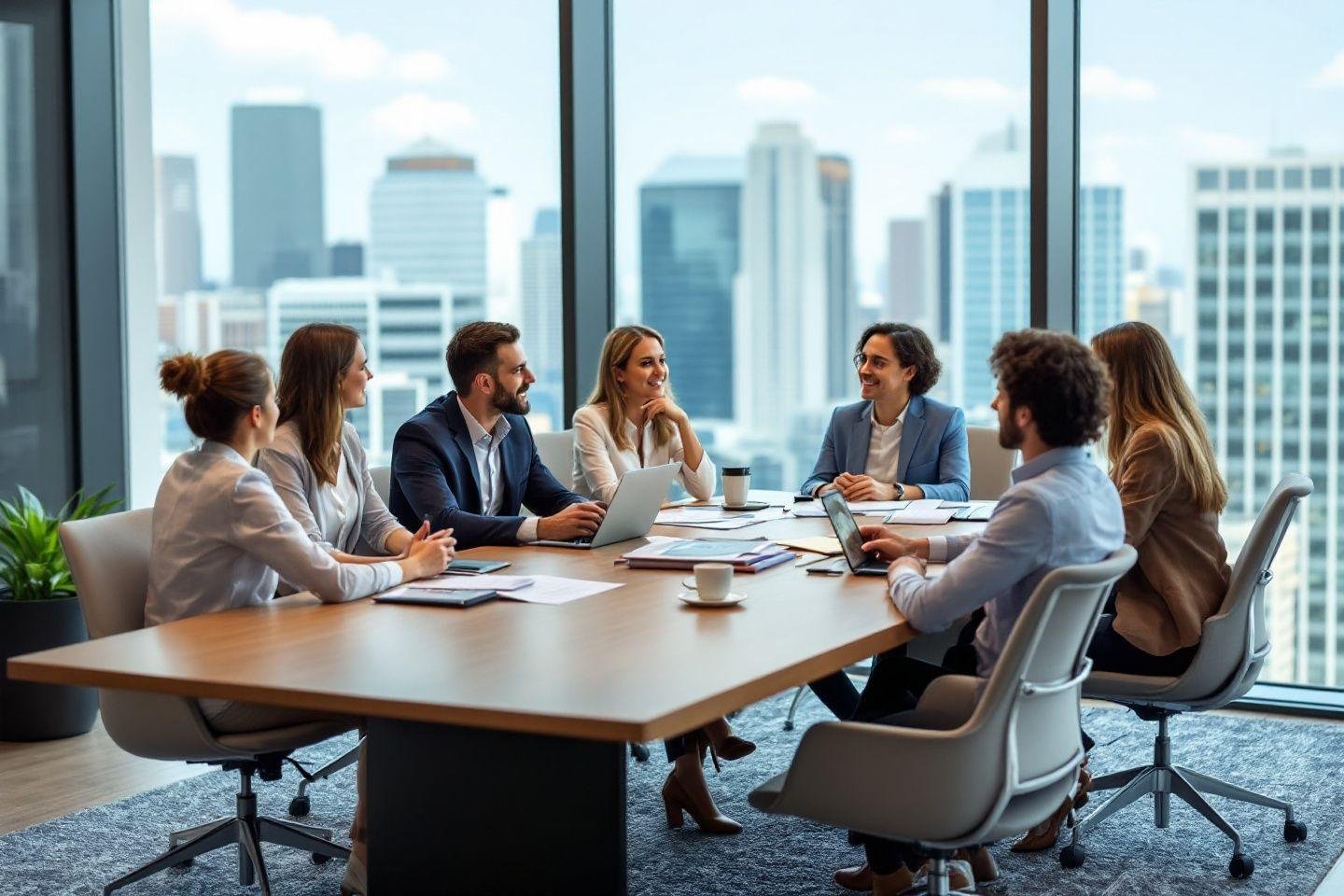 Professionnels autour d'une table avec vue sur gratte-ciels