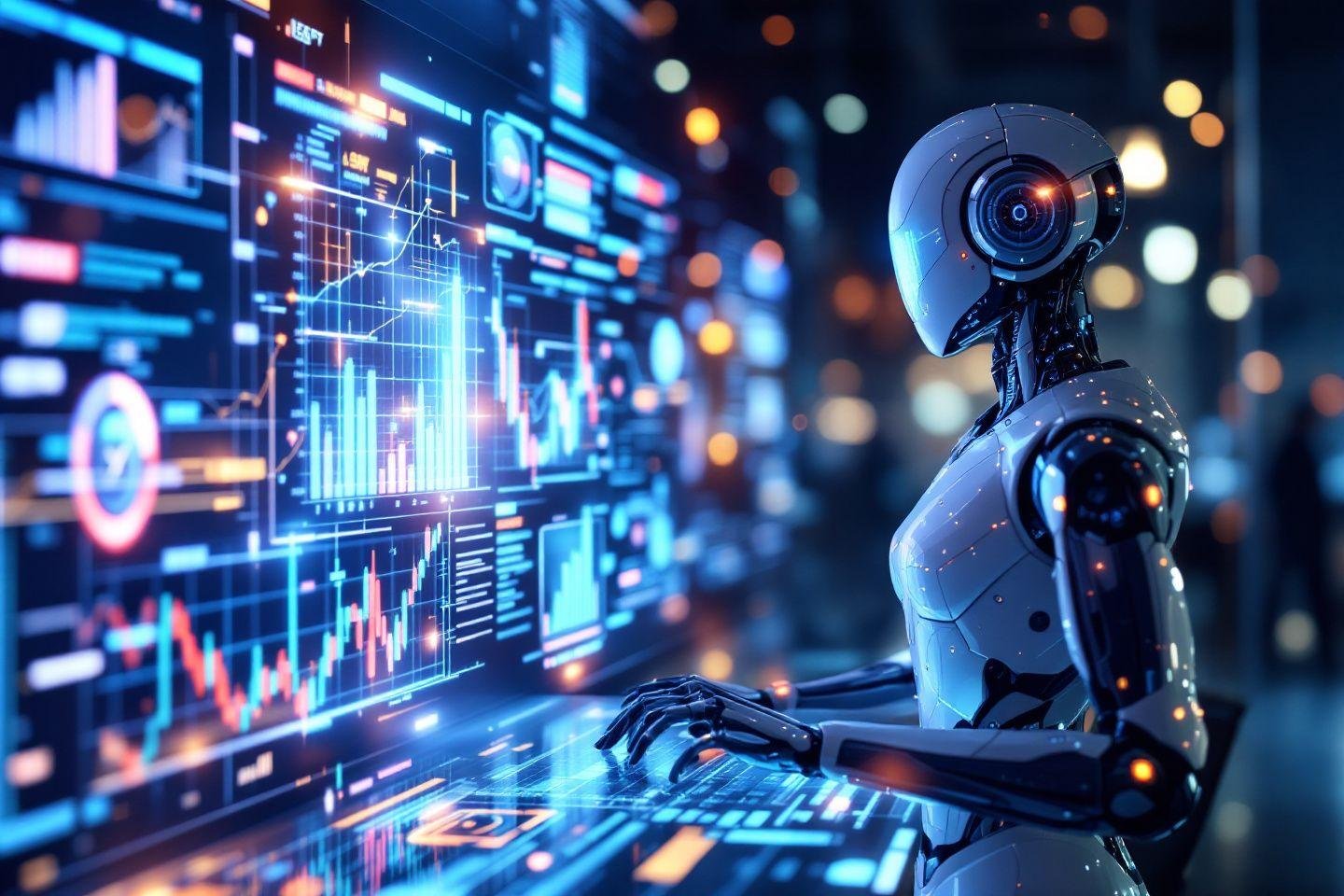Robot futuriste devant des écrans de graphiques boursiers