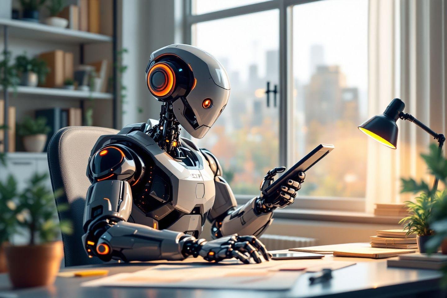 Robot humanoïde assis à un bureau avec un smartphone