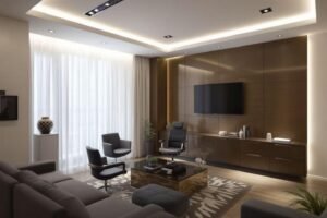 Salon design avec canapé, fauteuils et téléviseur mural