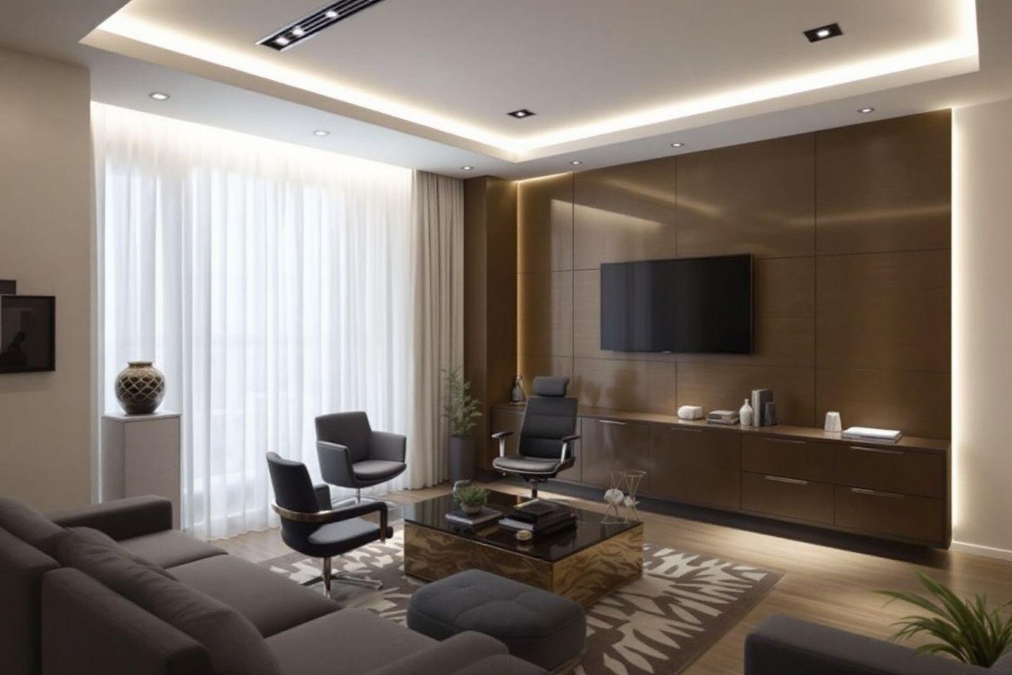 Salon design avec canapé, fauteuils et téléviseur mural