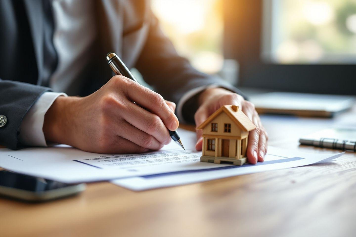 Main signant un document avec un modèle de maison