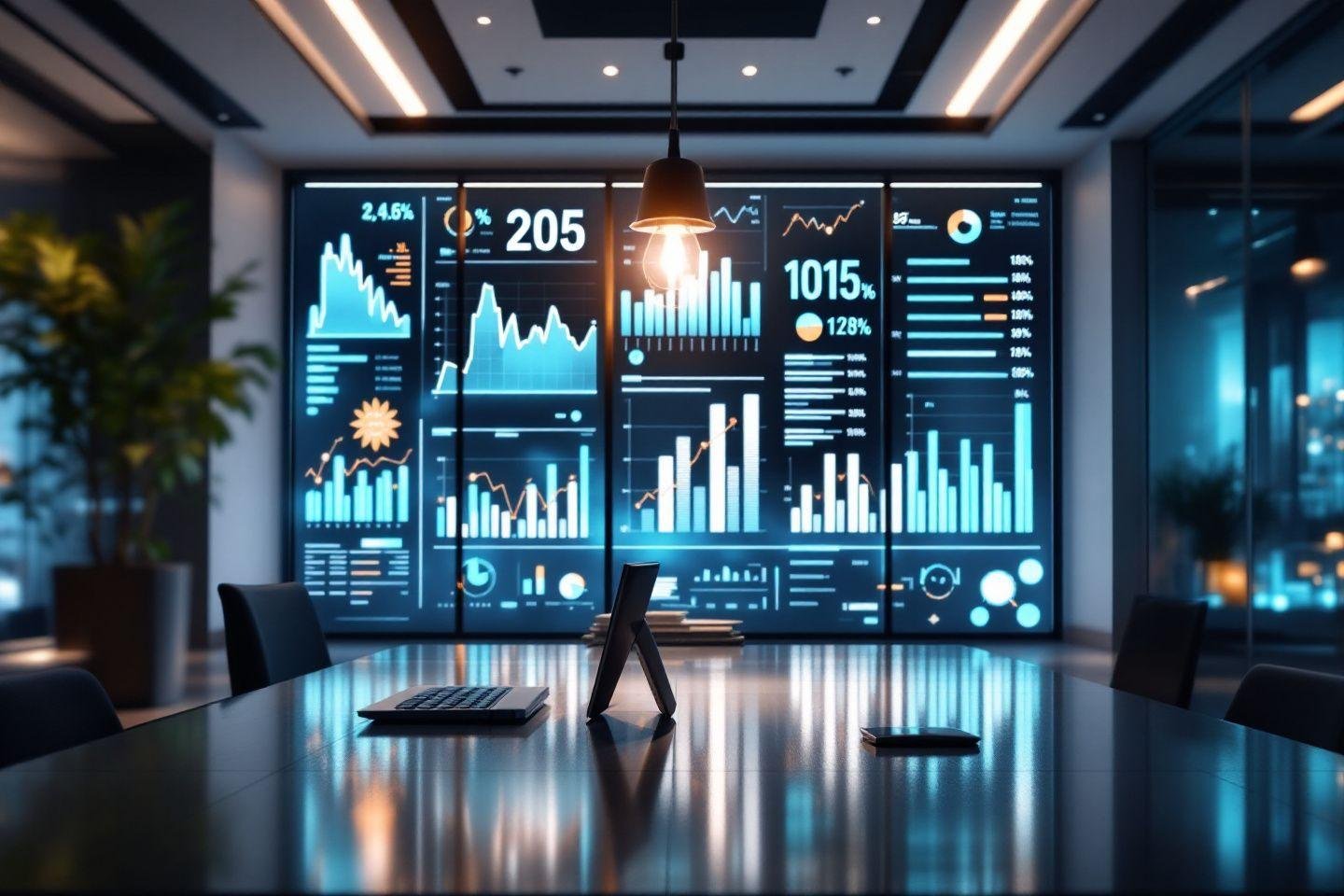 Écrans numériques affichant des graphiques et statistiques dans un bureau moderne