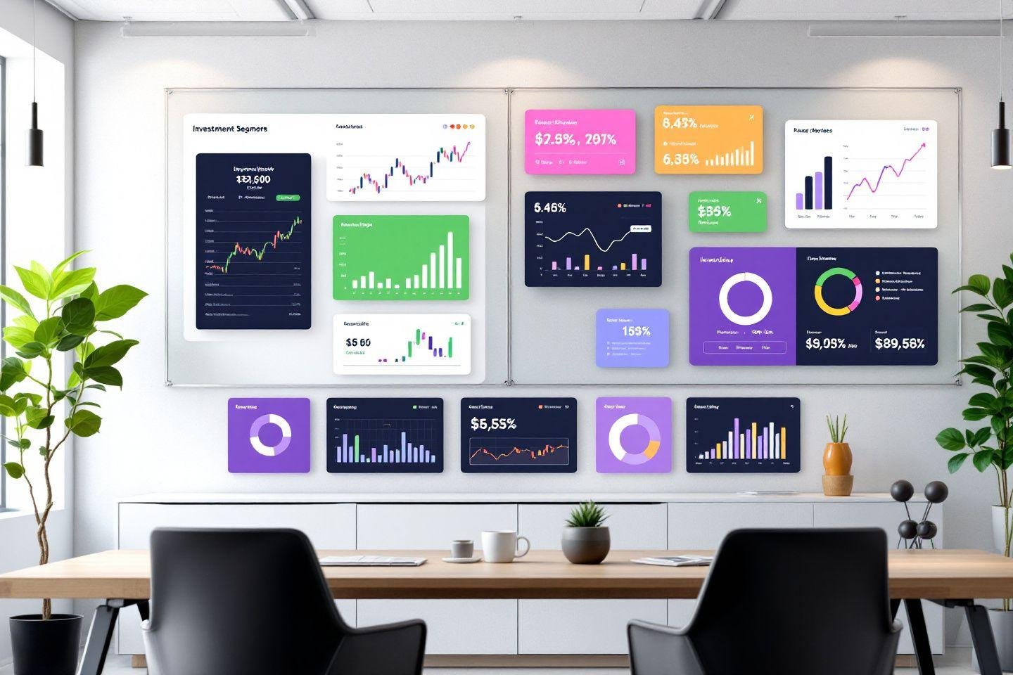 Écran mural avec graphiques et indicateurs de performance financière