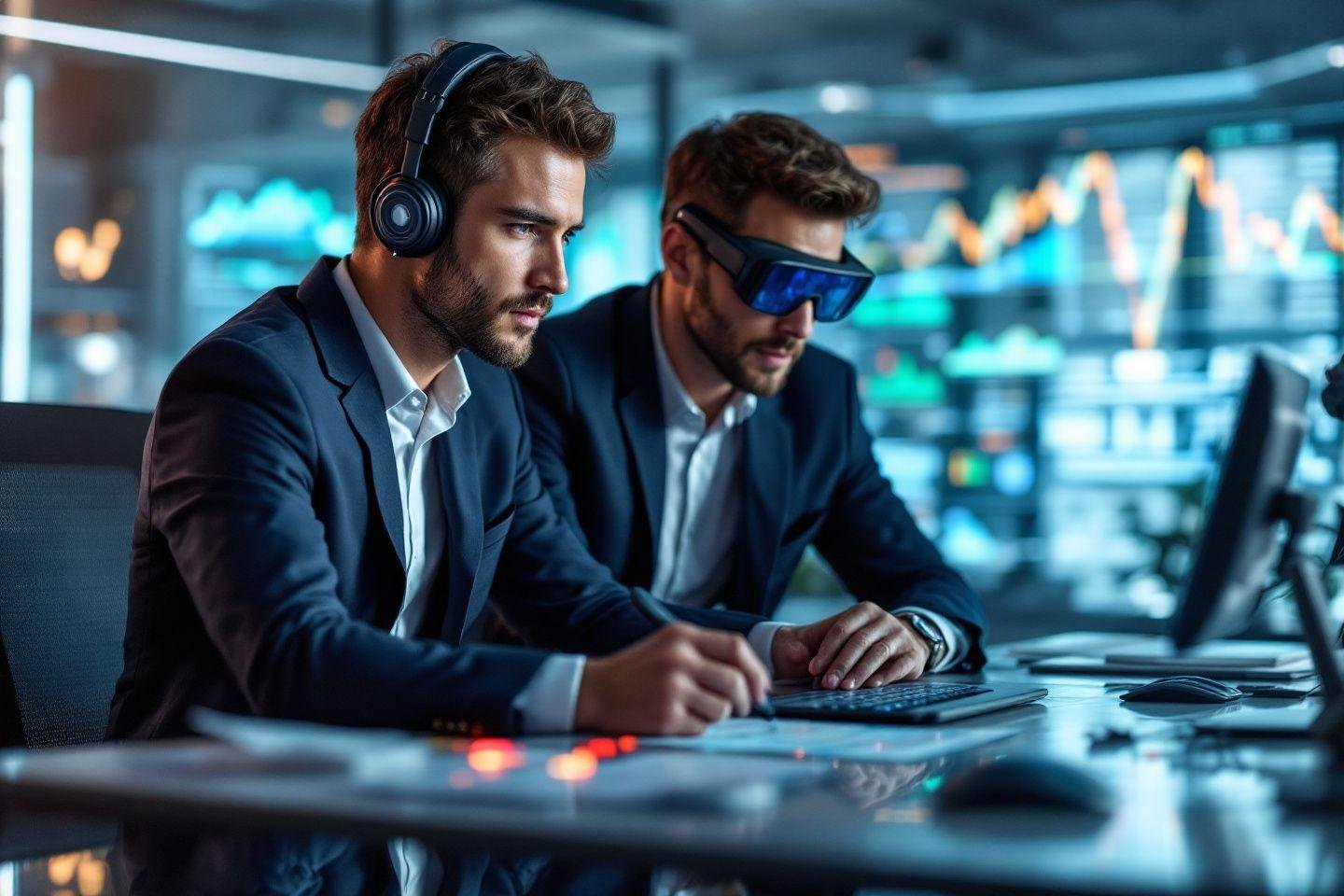 Deux professionnels avec équipement high-tech dans un bureau futuriste