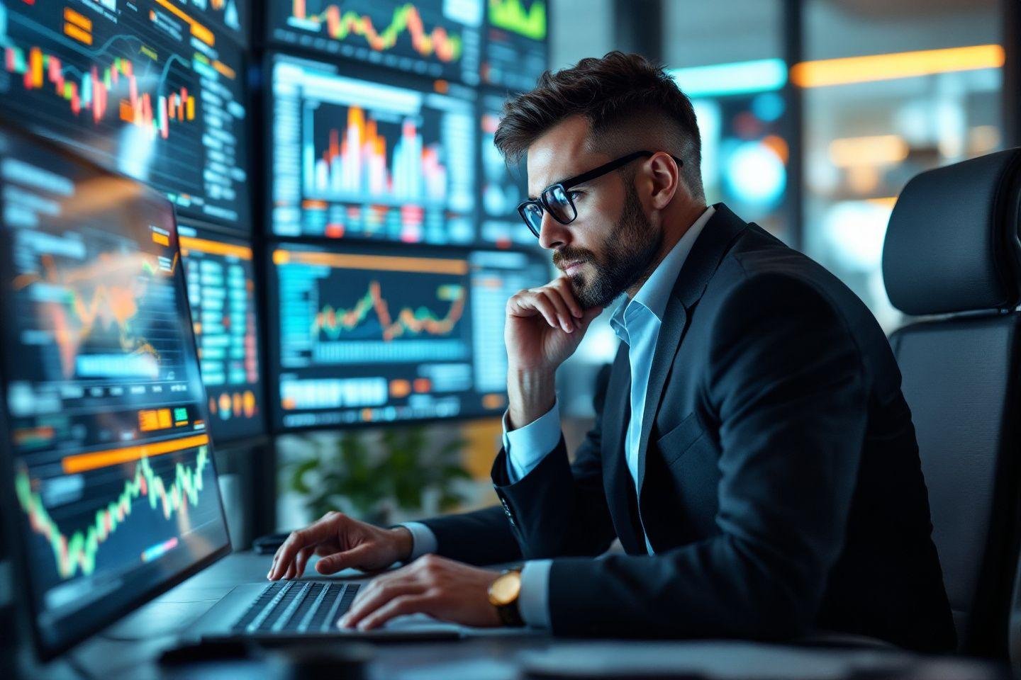 Homme d'affaires concentré devant des écrans de trading