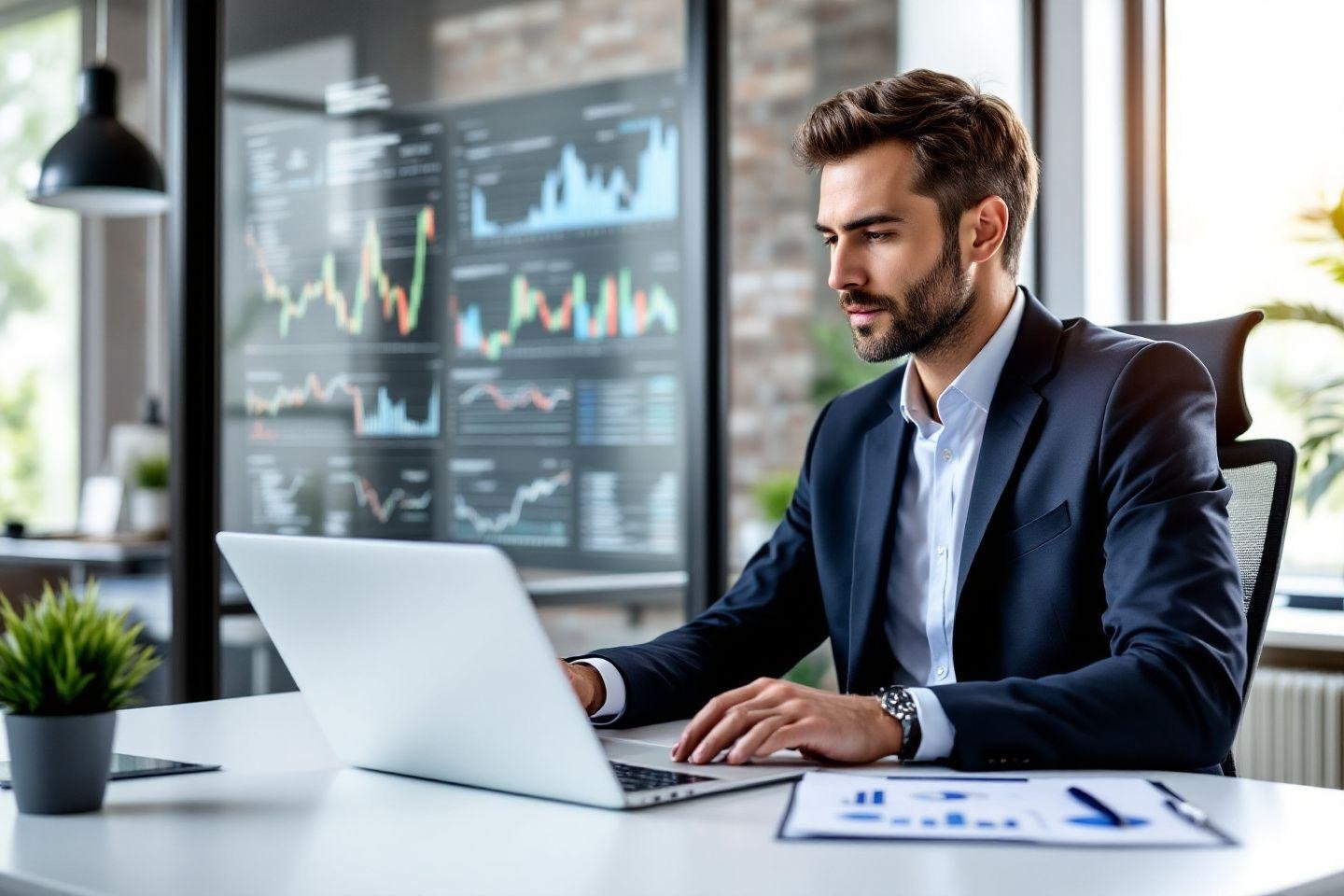 Homme d'affaires travaillant sur ordinateur portable avec tableaux boursiers