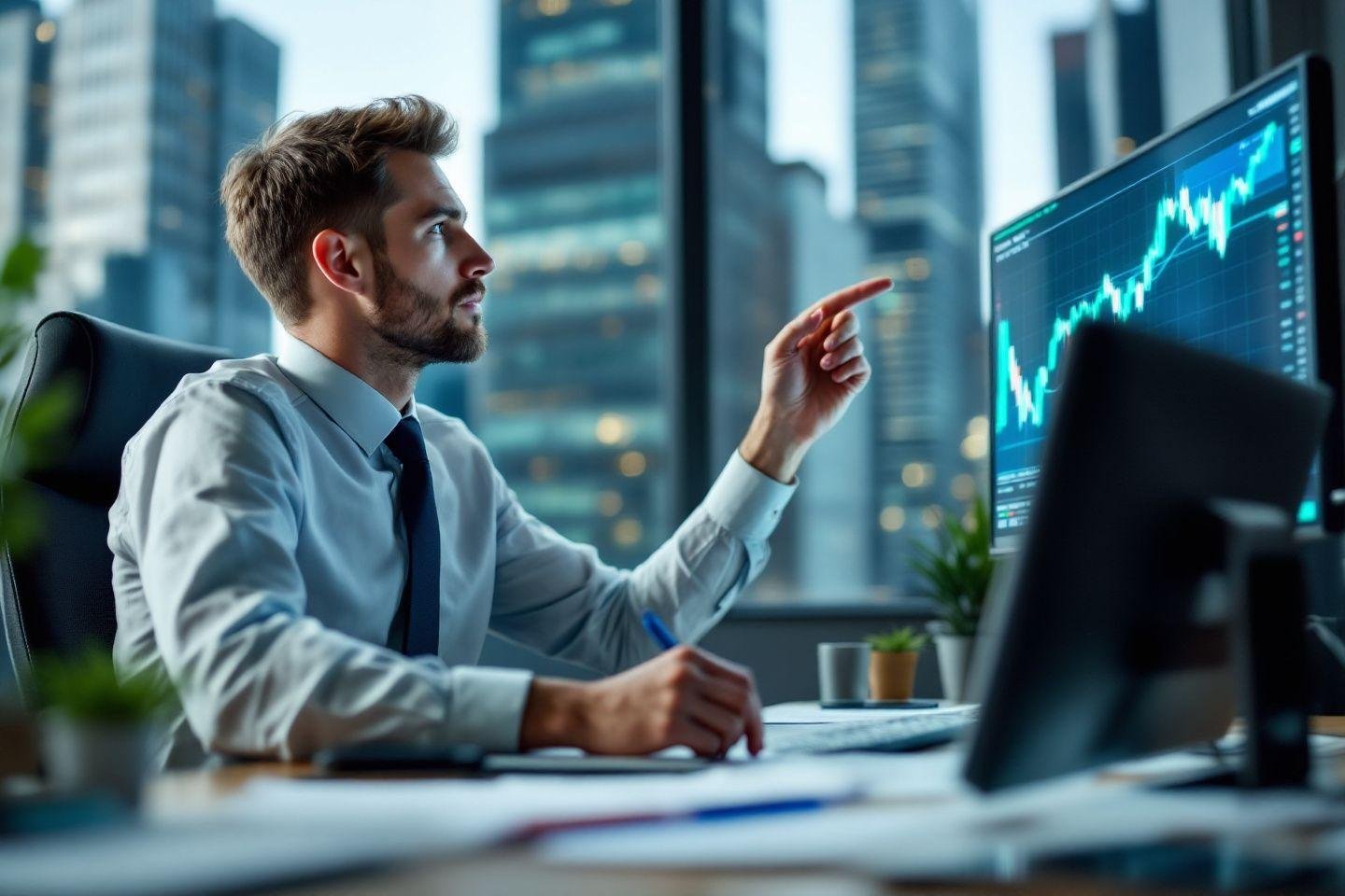 Homme d'affaires pointant un graphique financier dans un bureau moderne