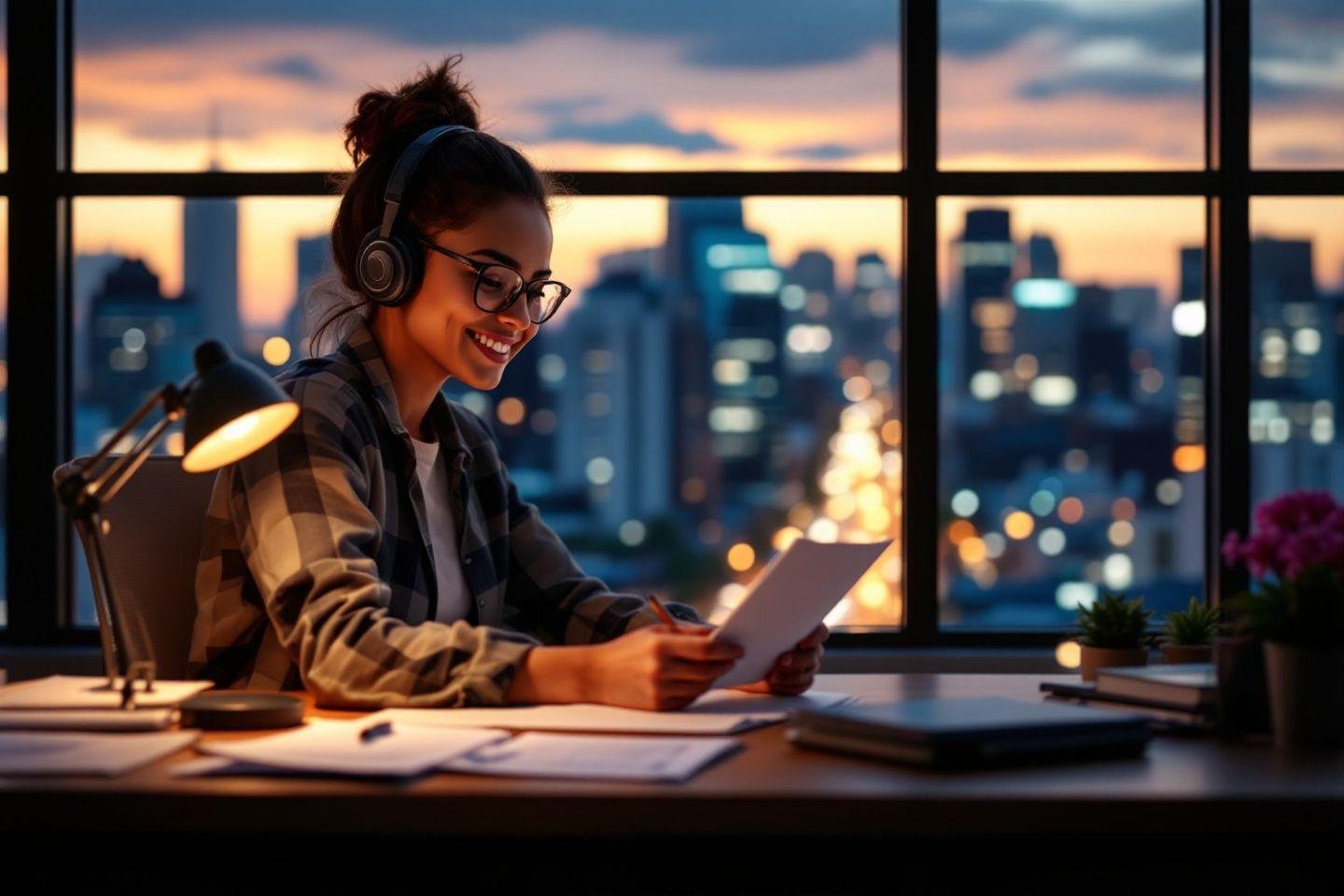 Femme souriante travaillant avec écouteurs face à un panorama citadin